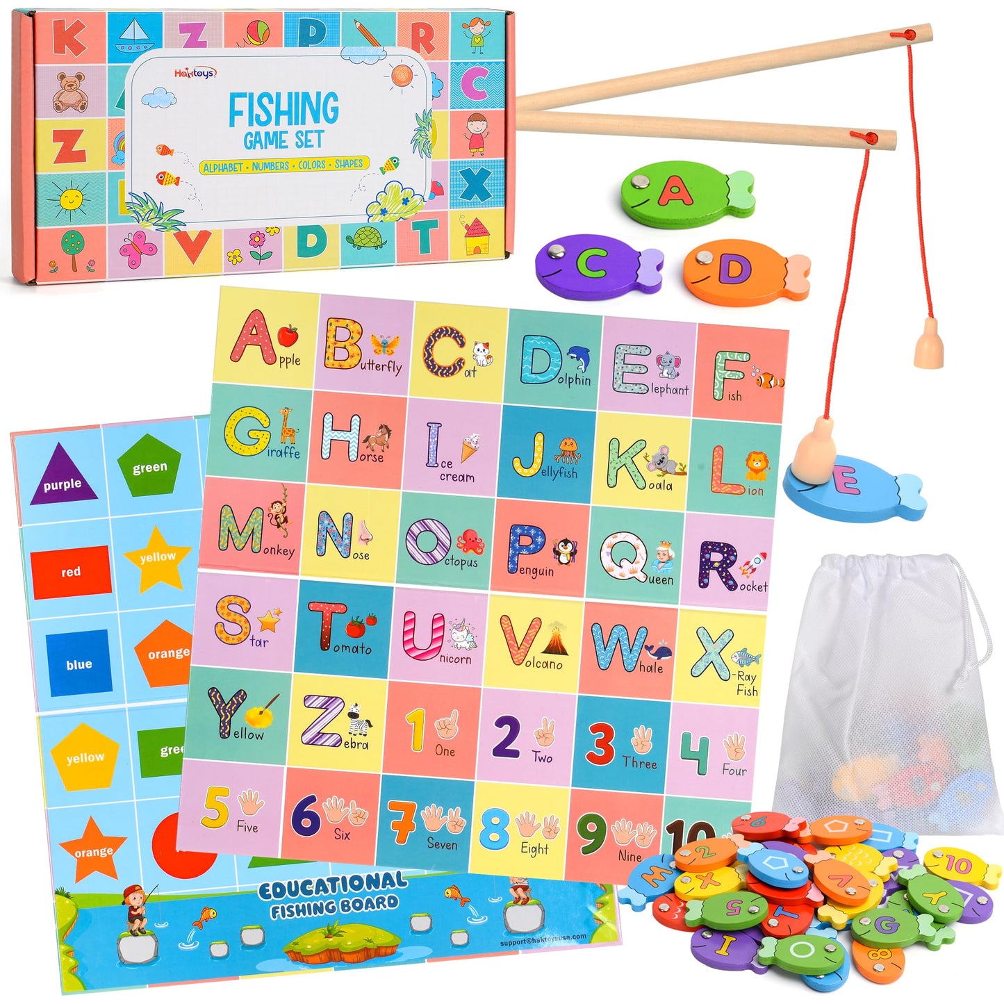 Magnetic Wooden Fishing Game – Interactive ABC Alphabet, Numbers, Shapes & Colors 4-in-1 Learning Board | Montessori Educational Toy for Kids | Complete Set with 36 Fish, 2 Poles & Wooden Board