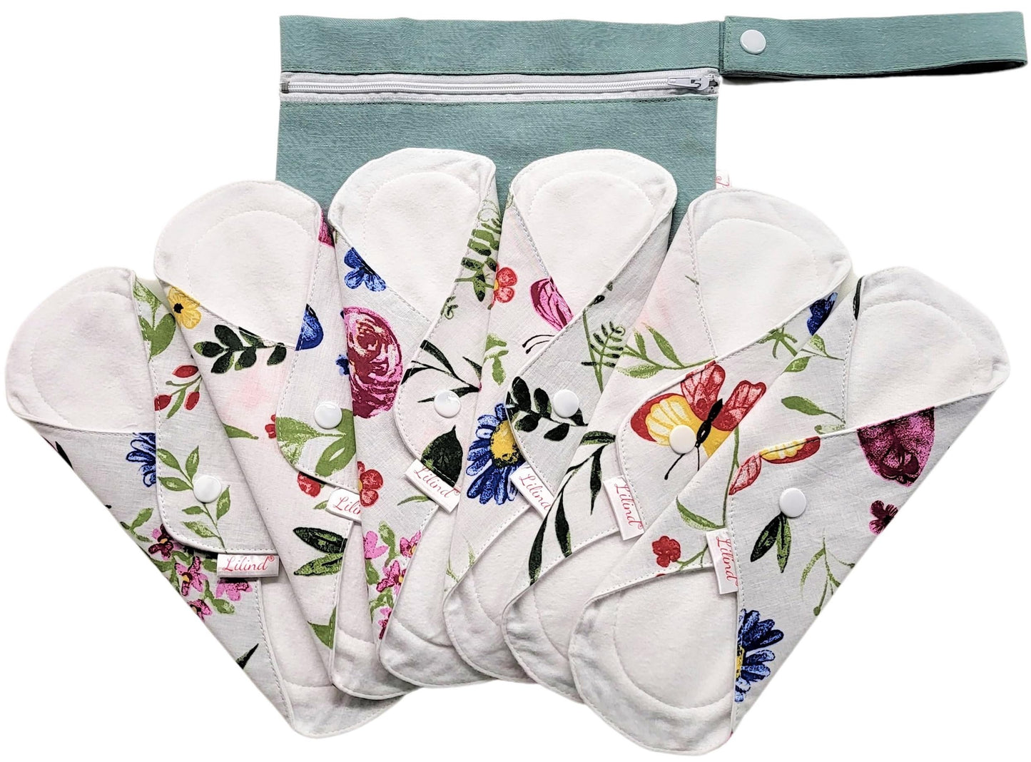 Lilind® 6 Pack Organic Cloth Pads, Regular 9 inch 100% Cotton Reusable Menstrual Sanitary Napkins, Free Wet Bag, Complete Set, Zero Waste