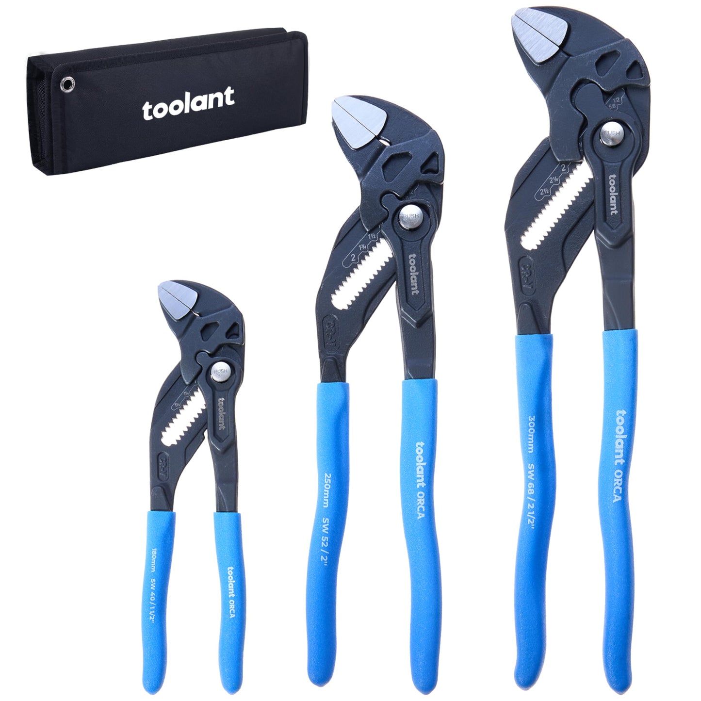 toolant 7/10/12-INCH Plier Wrench, CR-V Construction Adjustable Wrench Set With Pouch, Black Finish Smooth Jaw Pliers, Parallel Jaws, Suitable for All Types of Nuts, Water Pipes, etc