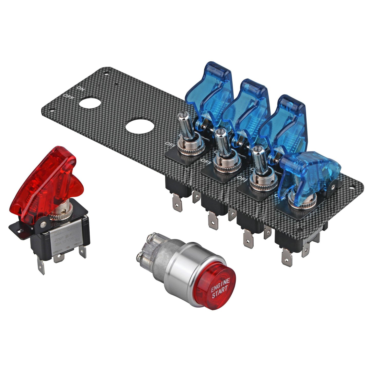 Jtron dc12v flip-up Ignition Switch Panel,5 in 1 car Engine Start Push Button led Toggle Switch Panel for Racing Sport Competitive car (4 Blue 1 Red)