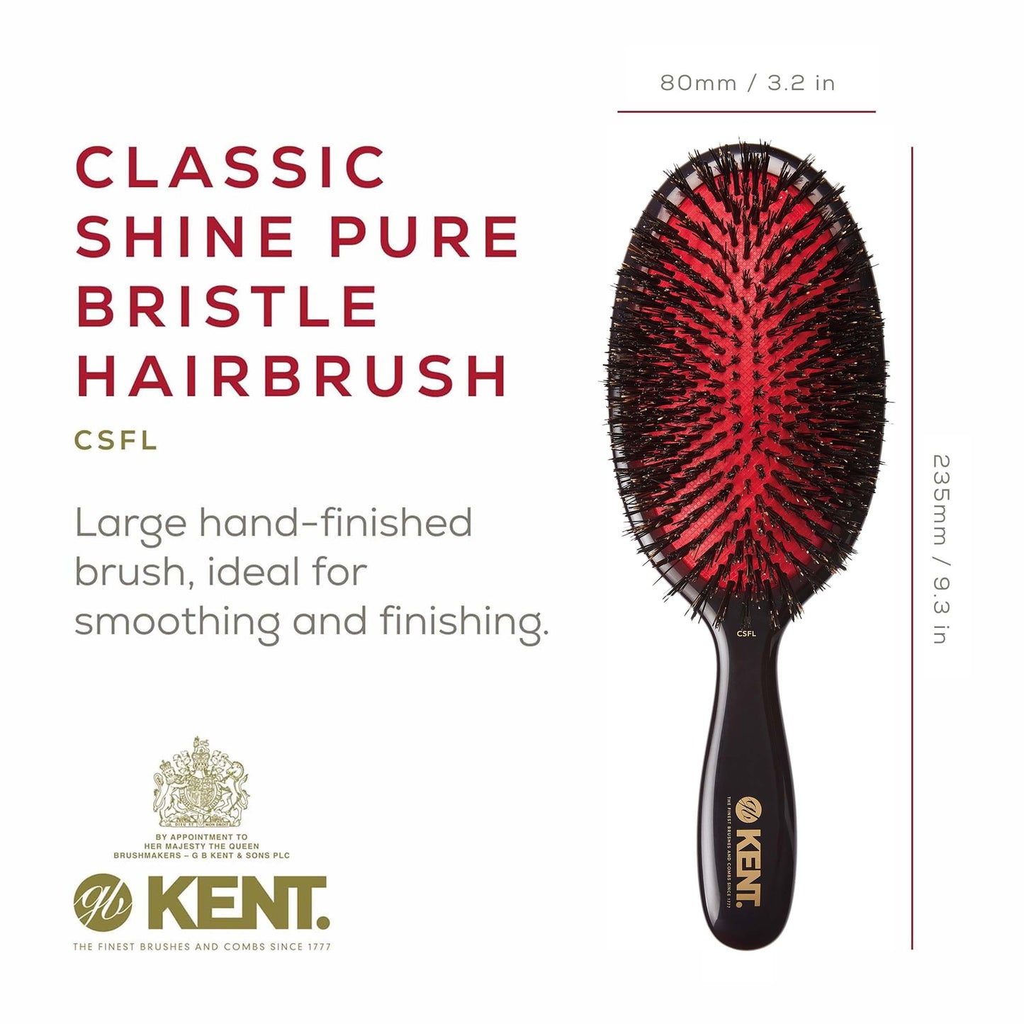 Kent CSFL Classic Shine Large Oval Cushion Straightening Brush and Hair Detangler - Natural Black Boar Bristle Hair Brush - Shine Hair Brush and Scalp Scrubber for Long Thick Hair + Hairbrush Cleaner