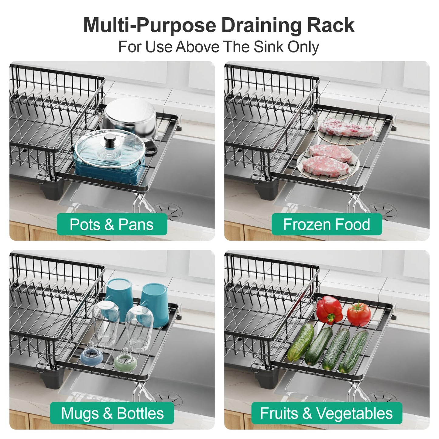 GSlife Extendable Dish Drying Rack - Large 2-in-1 Dish Racks for Kitchen Counter or Over Sink, Anti-Rust Dish Drainer with Drainboard, 2 Pan Slots and Utensil Holder, Black