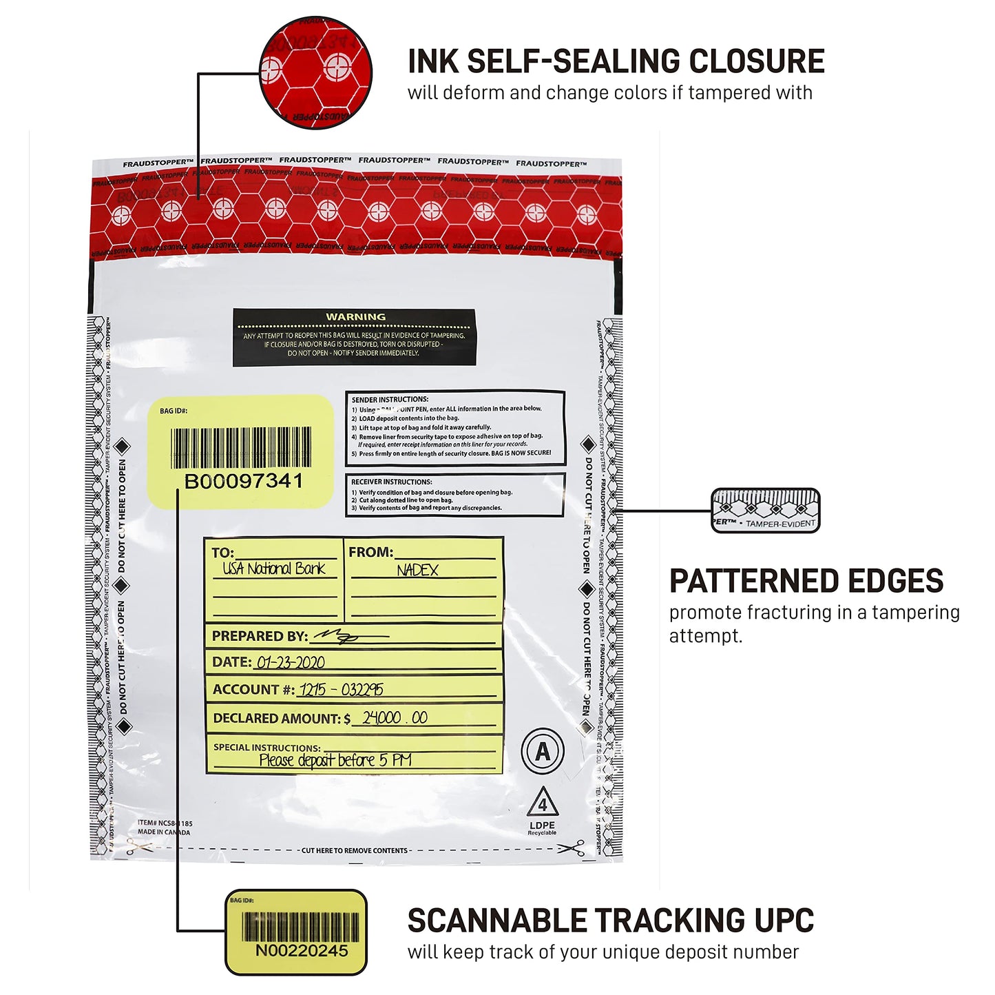 Nadex Tamper Evident Cash and Coin Bank Deposit Bags for Fraud Prevention, 12 x 16, Opaque, 100 Pack