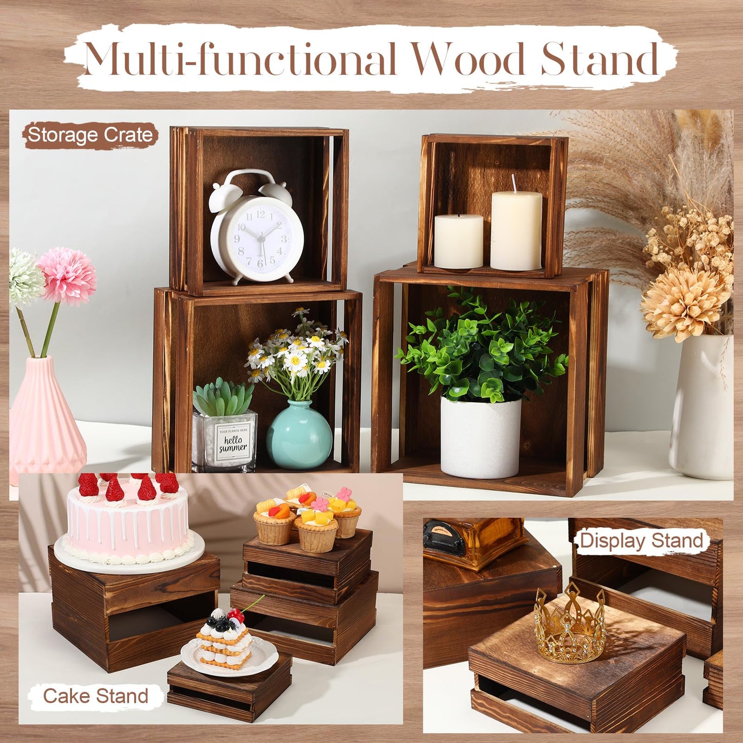 Lallisa 8 Pcs Buffet Risers with Mini Signs Bulk Food Risers for Table Rustic Wood Cake Stands Buffet Crate Wooden Dessert Display Stand with Hollow Bottoms for Wedding Birthday Party, 4 Sizes