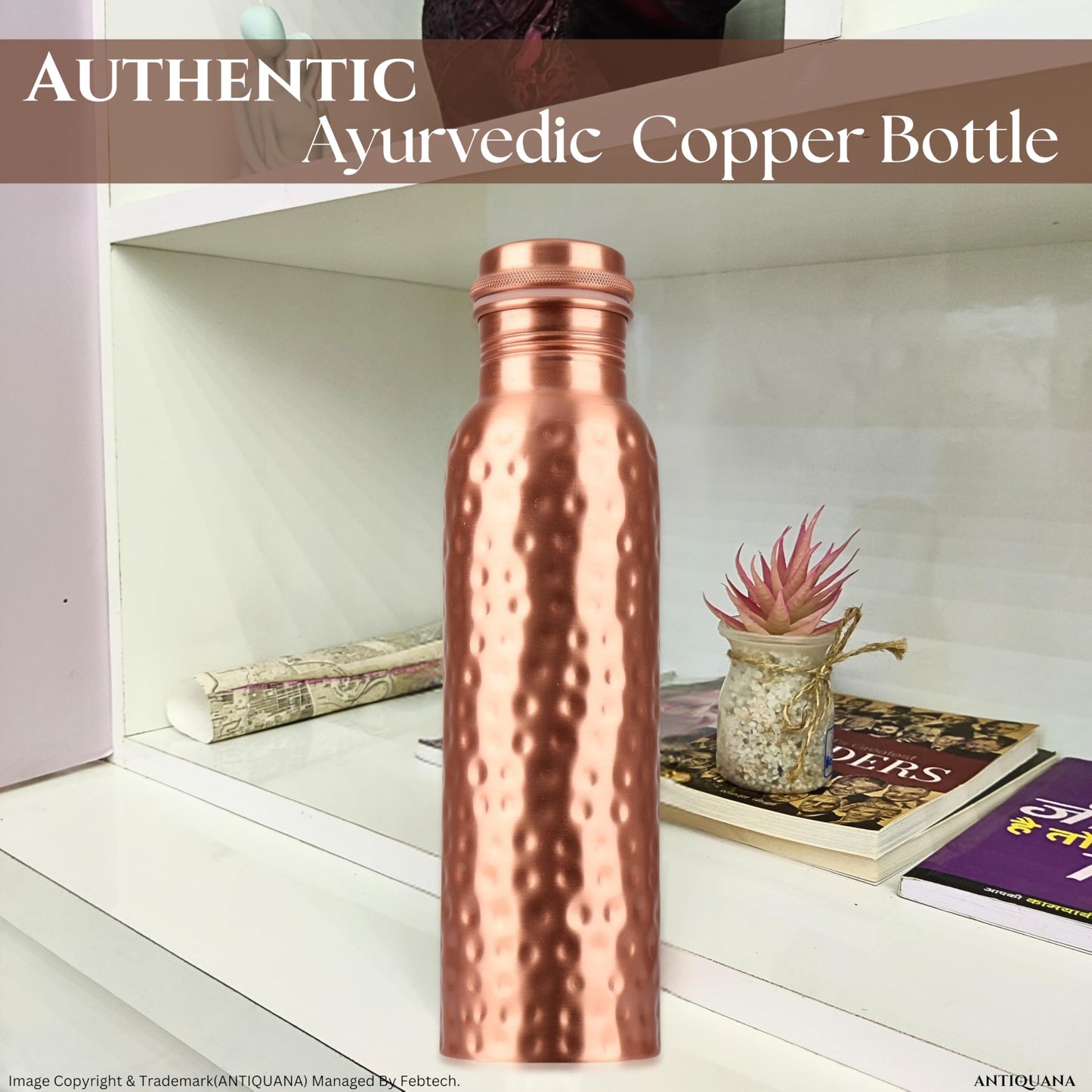 ANTIQUANA 34 Oz Pure Copper Water Bottle Set – Leak-Proof Hammered Design with Tumbler, Carrying Bag & Smooth Finish Decorative – Copper Home Decore