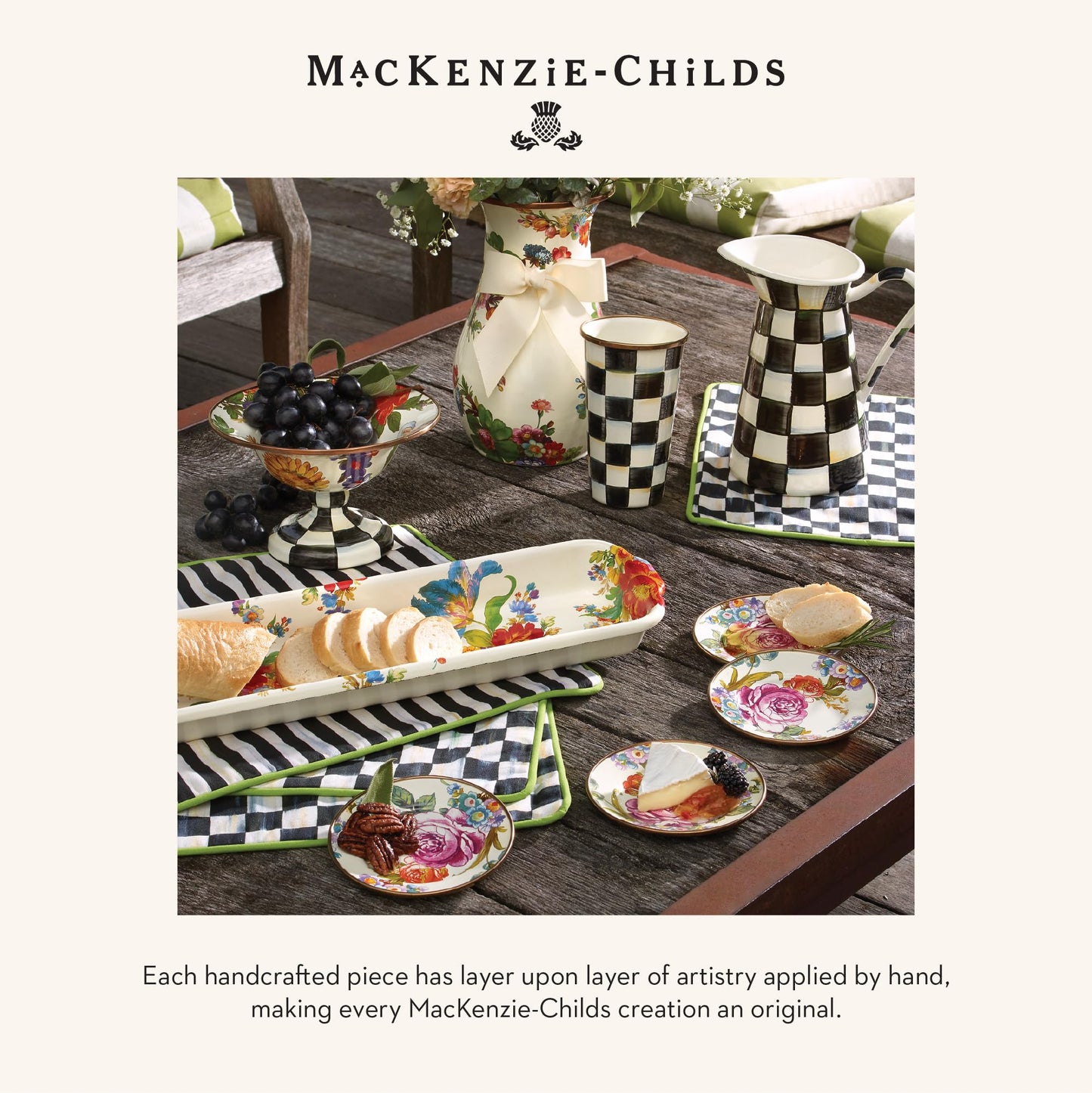 MACKENZIE-CHILDS Enamel Tumbler, Open Tumbler Cup, Cute Enamel Cup, 20 Ounces, Black-and-White Courtly Check