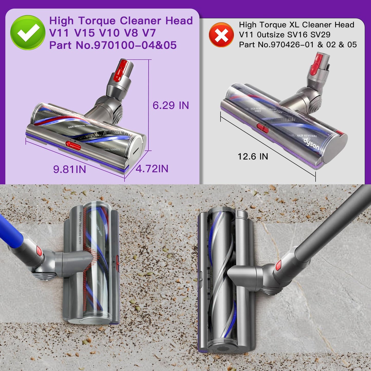 Lemige Upgrade V11 High Torque Cleaner Head Replacement for Dyson V11 V15 V10 SV12 SV14 SV15 SV17 SV22 SV27 SV28 SV47 Models, Vacuum Head Attachments for Dyson Parts & Accessories No. 970100-04 & 05