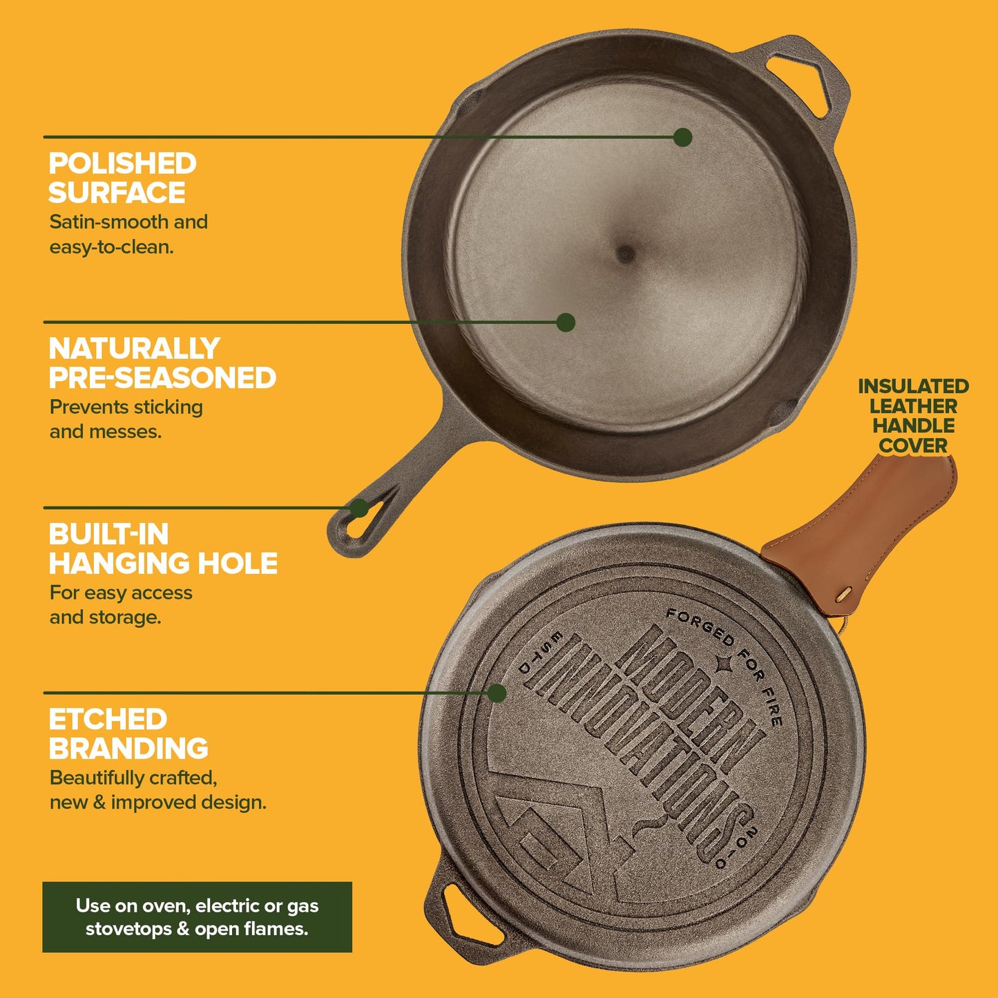 Modern Innovations 10 Inch Cast Iron Skillet, Pre-Seasoned Smooth Polished Surface, Heavy-Duty, Naturally Non-Stick 100% Cast Iron Frying Pan- Saute, Sear & Grill on Campfires, Stoves & Ovens