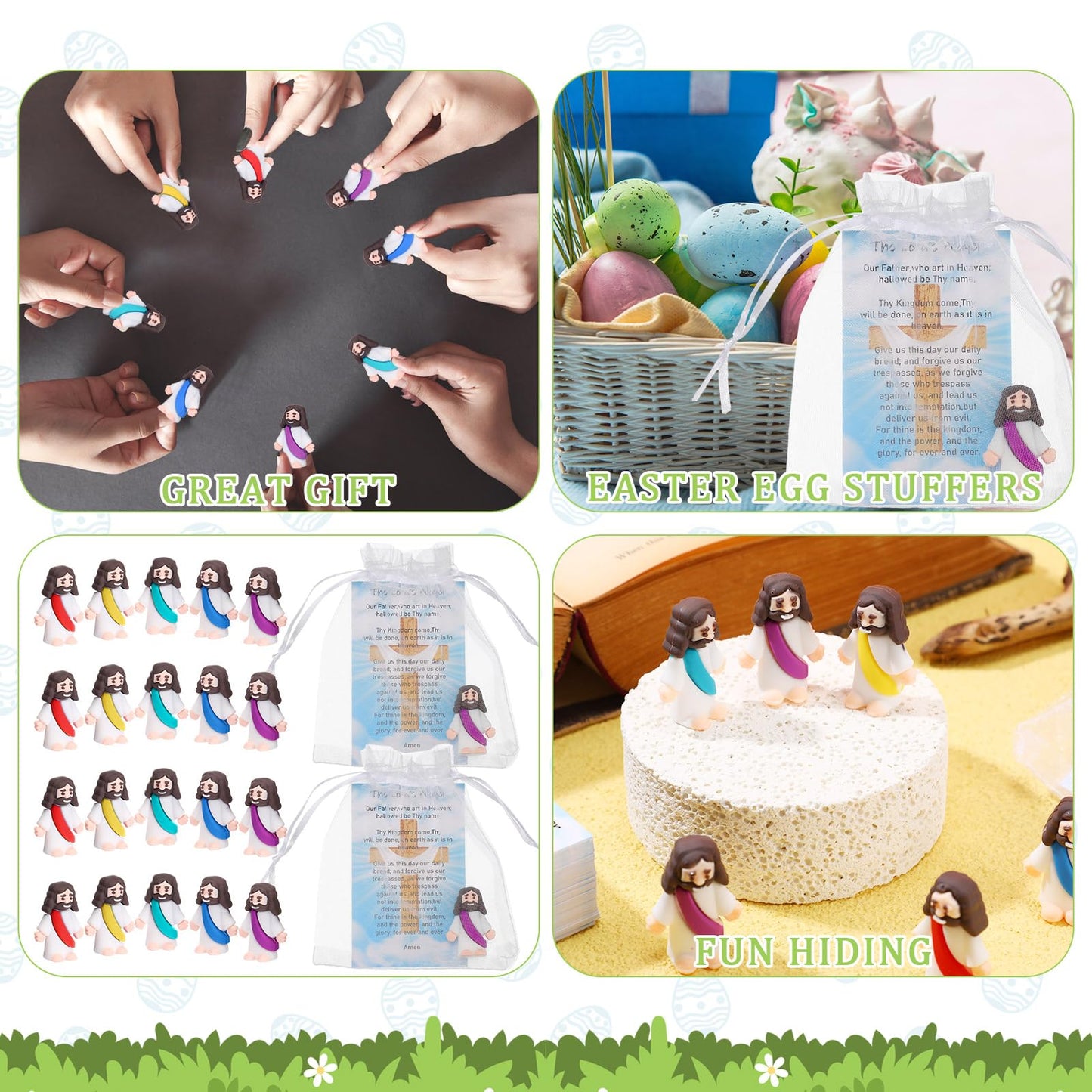 Barydat 150 Set Mini Jesus Easter Figures Little Jesus Toys Bulk Religious Christian Doll with 150 Prayer Cards and 150 Organza Bags for Sunday School Church Mother's Day Baptism Gift(Multicolor)