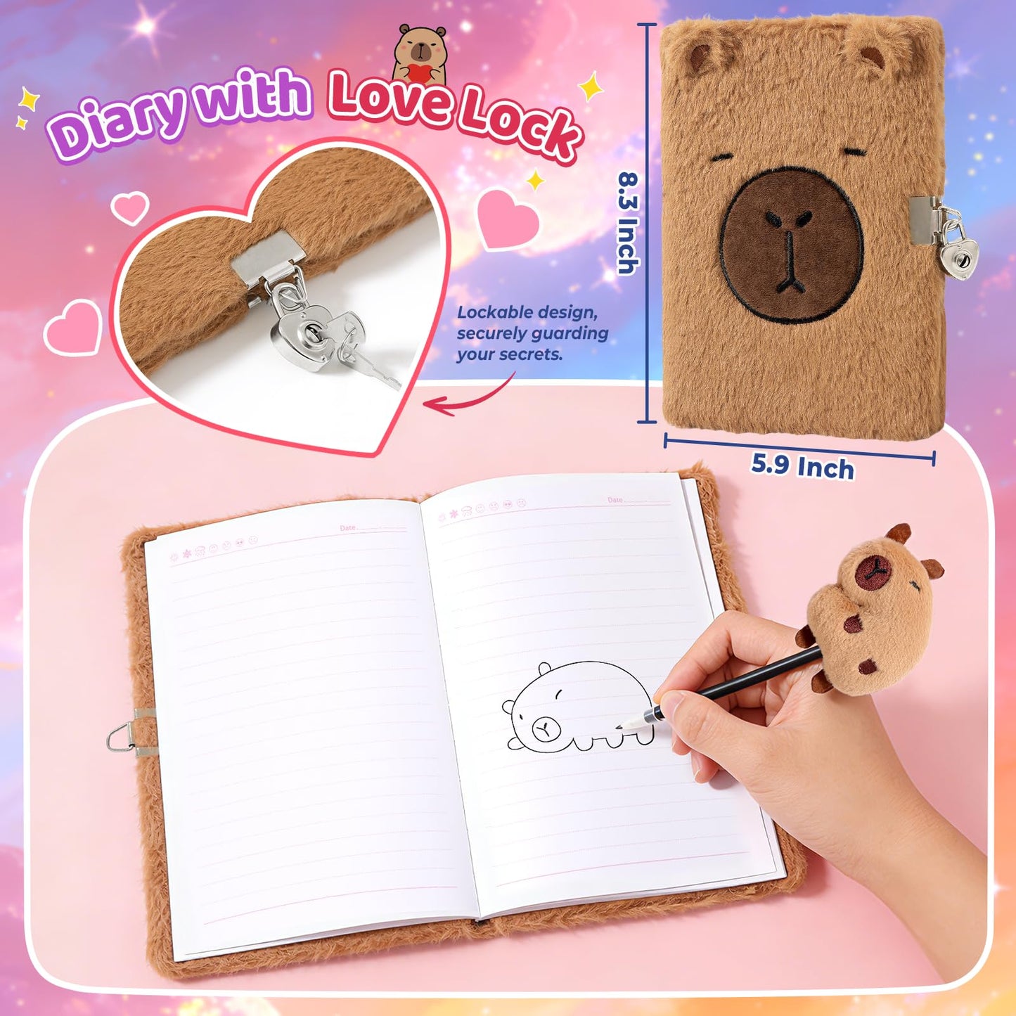 Ditucu Strawberry Capybara Plush Gifts for Girls 4 5 6 7 8 9 10 Years Old with Stuffed Animal/Stickers/Water Bottle/Bag/Coin Purse/Keychains/Hair Accessories/Comb/Necklace/Bracelet Plushies Toys Set