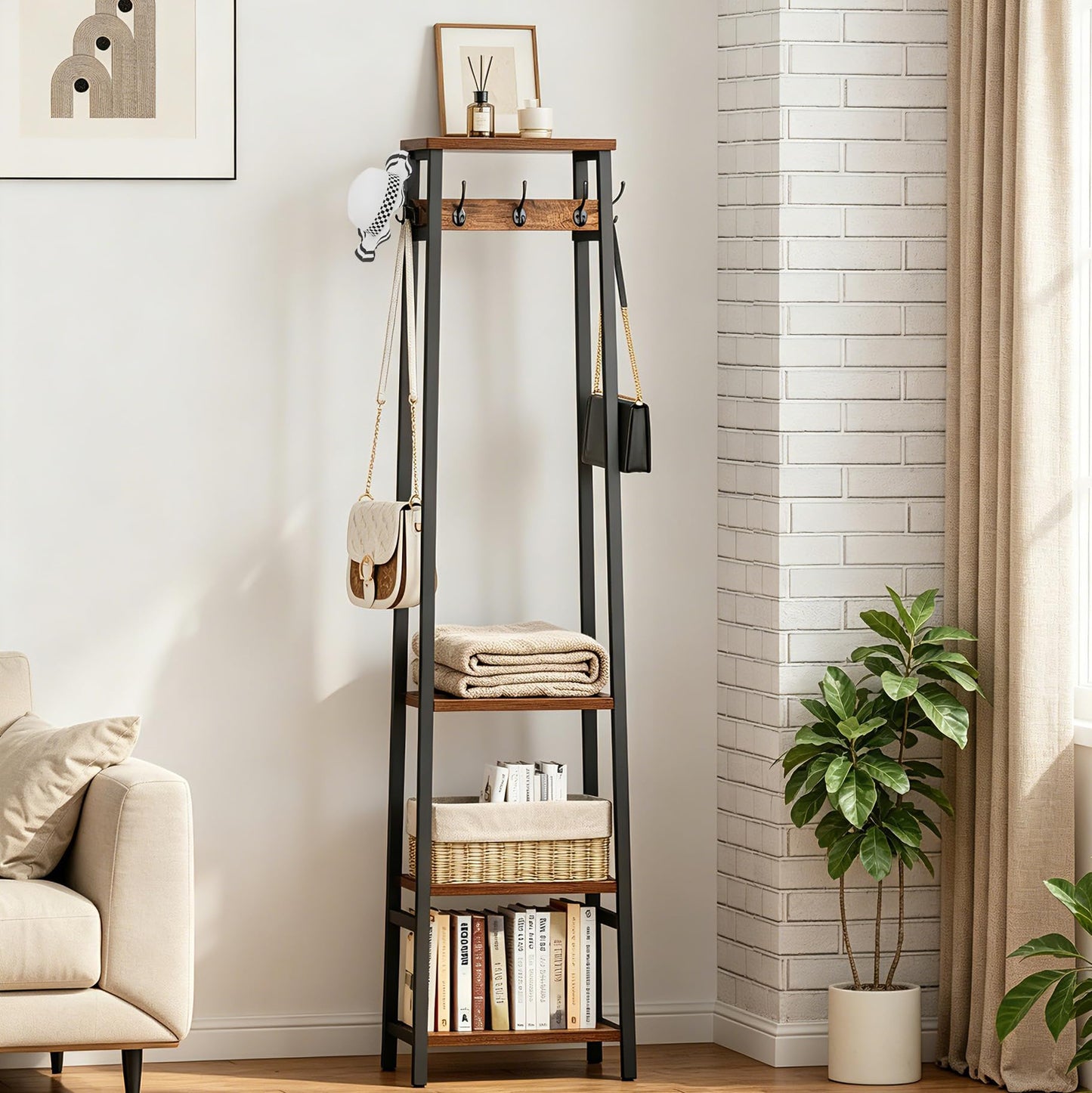 Cerlyunzan Coat Rack Freestanding, Coat Stand with 3 Shelves and 7 Hooks, Hall Tree Free Standing, Clothes Rack Stand Organizer, Industrial Style, Rustic Brown and Black