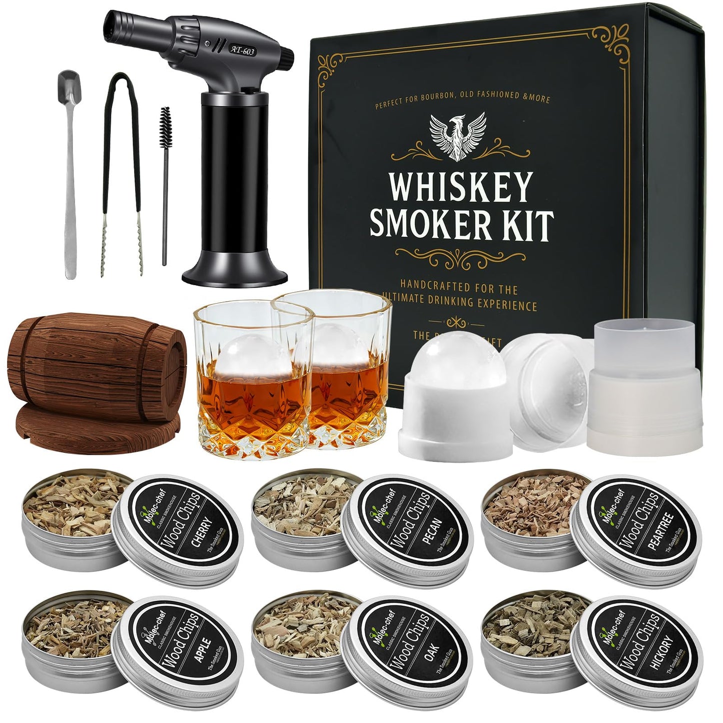 Enhanced Whiskey Smoker Kit with Torch – Old Fashioned Cocktail Smoker Infuser Set, 6 Wood Chip Flavors with Glasses & Ice Ball Molds – Gifts for Men, White Elephant & Stocking Stuffers (No Butane)