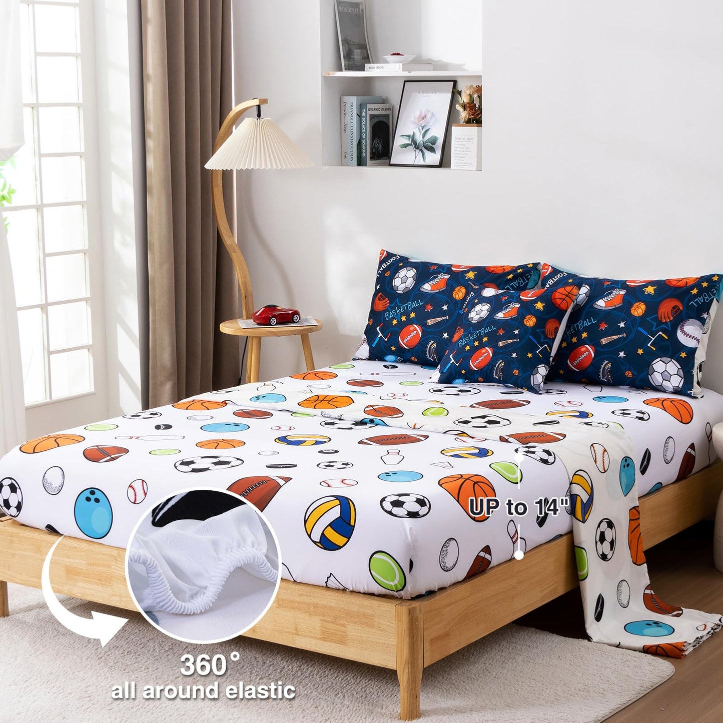 A Nice Night 6Pcs Bed in A Bag Twin Sports Microfiber Modern Comforter Set,Navy Rugby Ball Printed Bedding Collections,for Boys Kids Teen