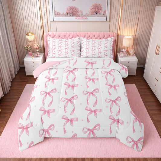 Erosebridal Girls Pink Bow Full Comforter Set,Bowknot Princess Bedding Set for Kids Girls Room Decor,Cute Pink Bows Quilt Set Aesthetic Ribbon Bow Tie Bed Comforter Sets,2 Pillowcases