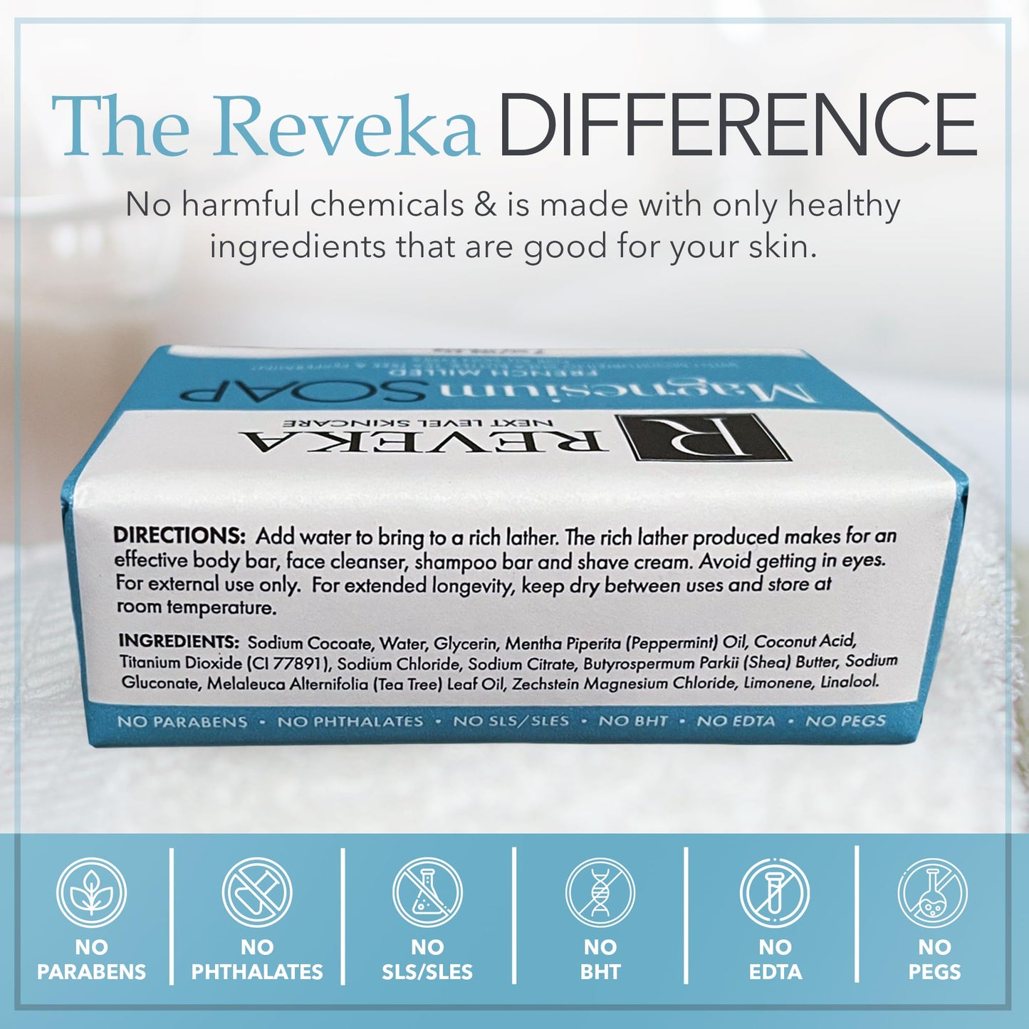 Reveka Skincare 4-Pack Magnesium Soap Bar - 4-in-1 Natural Soap Bar for Face, Body, Hair & Shaving | Triple Milled Bar Soap with Shea Butter, US-Crafted Peppermint Soap, 4 Bars (7 oz. Each)