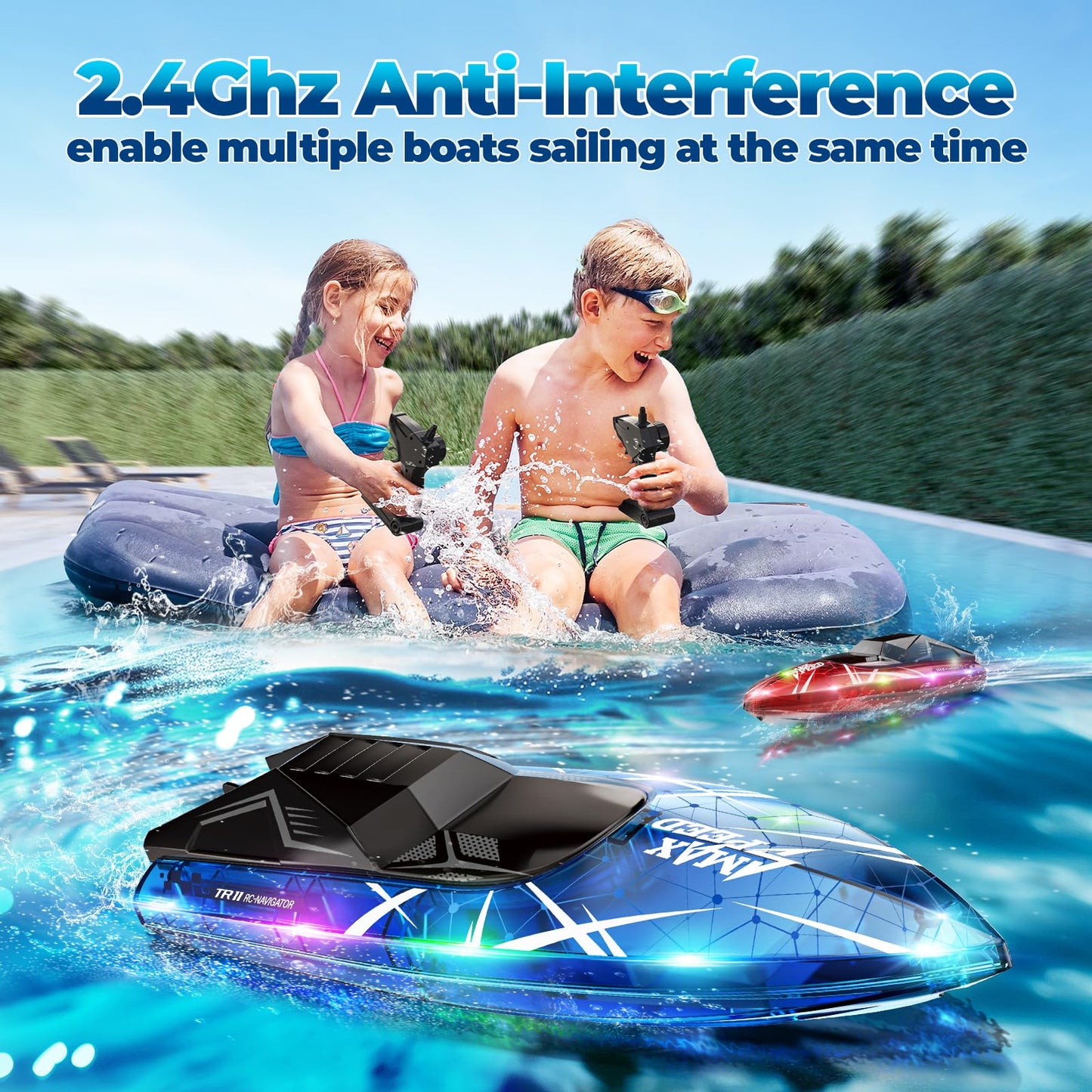 TOLLCY Remote Control Boat for Kids, 2Pack RC Boats with LED Lights for Pools Lakes River & Bathtub, 2.4Ghz Control, Whole Body Waterproof, 2 Rechargeable Batteries Summer Water Toys