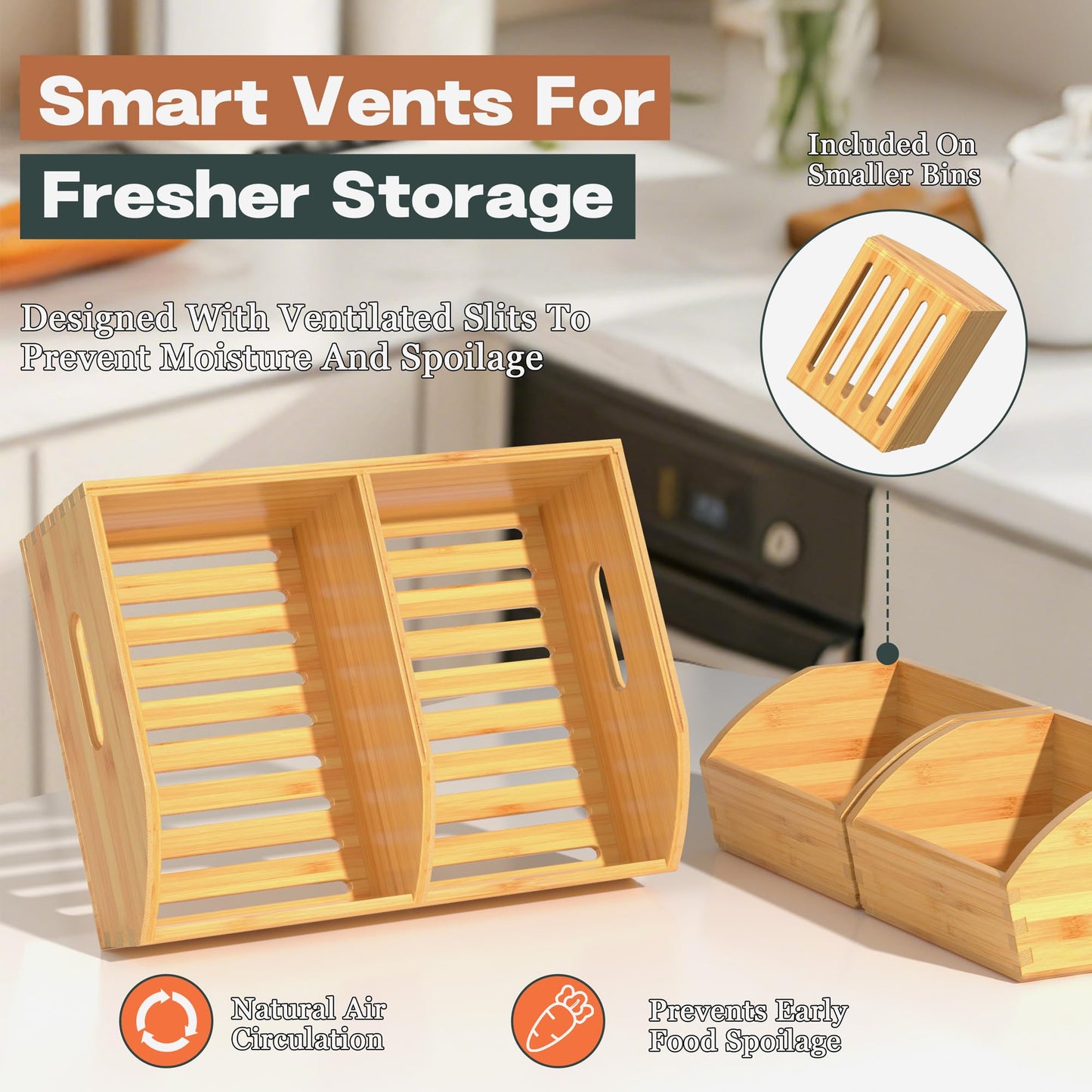 Potato and Onion Storage Bin, Stackable Pantry Organizers for Kitchen Countertop, Ventilated Bamboo Storage Baskets with Handles, Multipurpose Organization Containers for Fruit, Vegetable, 3 Pack