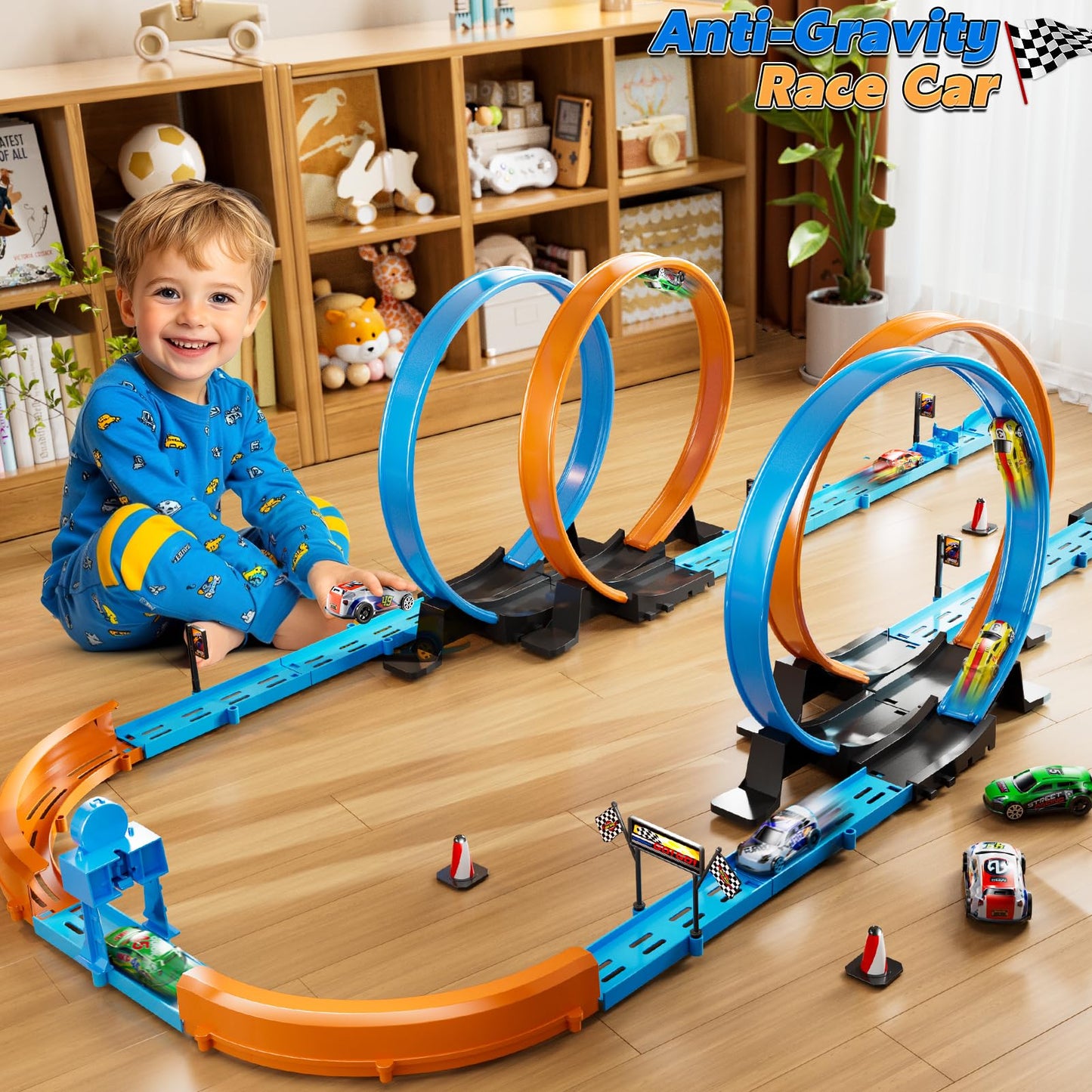 LILYBUDS Toy Car Track Set for Boys Kids Age 3-5 4-7 8-12, Long Race Tracks with 4 Action Loops and 4 High-Speed Slot Cars, 35+ Pieces of Race Track to Create Multiple Configurations