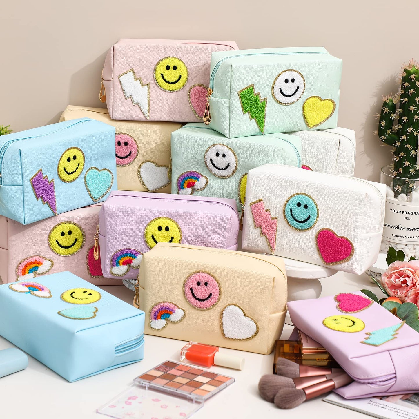 Sanwuta 12 Pcs Preppy Patch Makeup Bag Chenille Letters Cosmetic Bag Pu Leather Preppy Organizer Small Smile Lightning Heart Toiletry Pouch Portable Waterproof Storage Purse Pouch for Women Adults