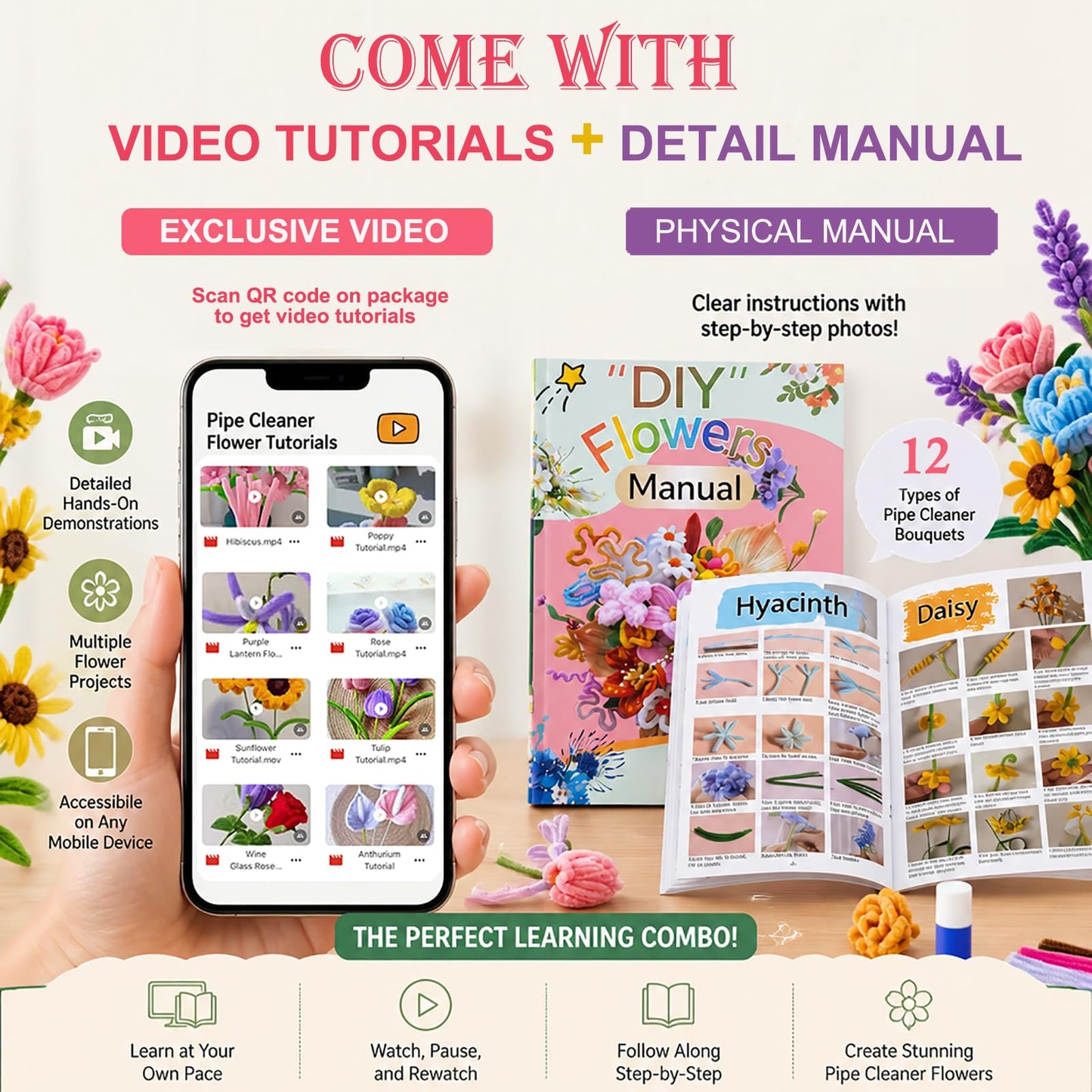 800 PCS Pipe Cleaner Flower Kit, DIY Pipe Cleaners Bulk Craft Bouquet Making Kit with 13 Colors Chenille Stems, Floral Wires, Stamen, Ribbon, Instruction, Art and Craft Supplies