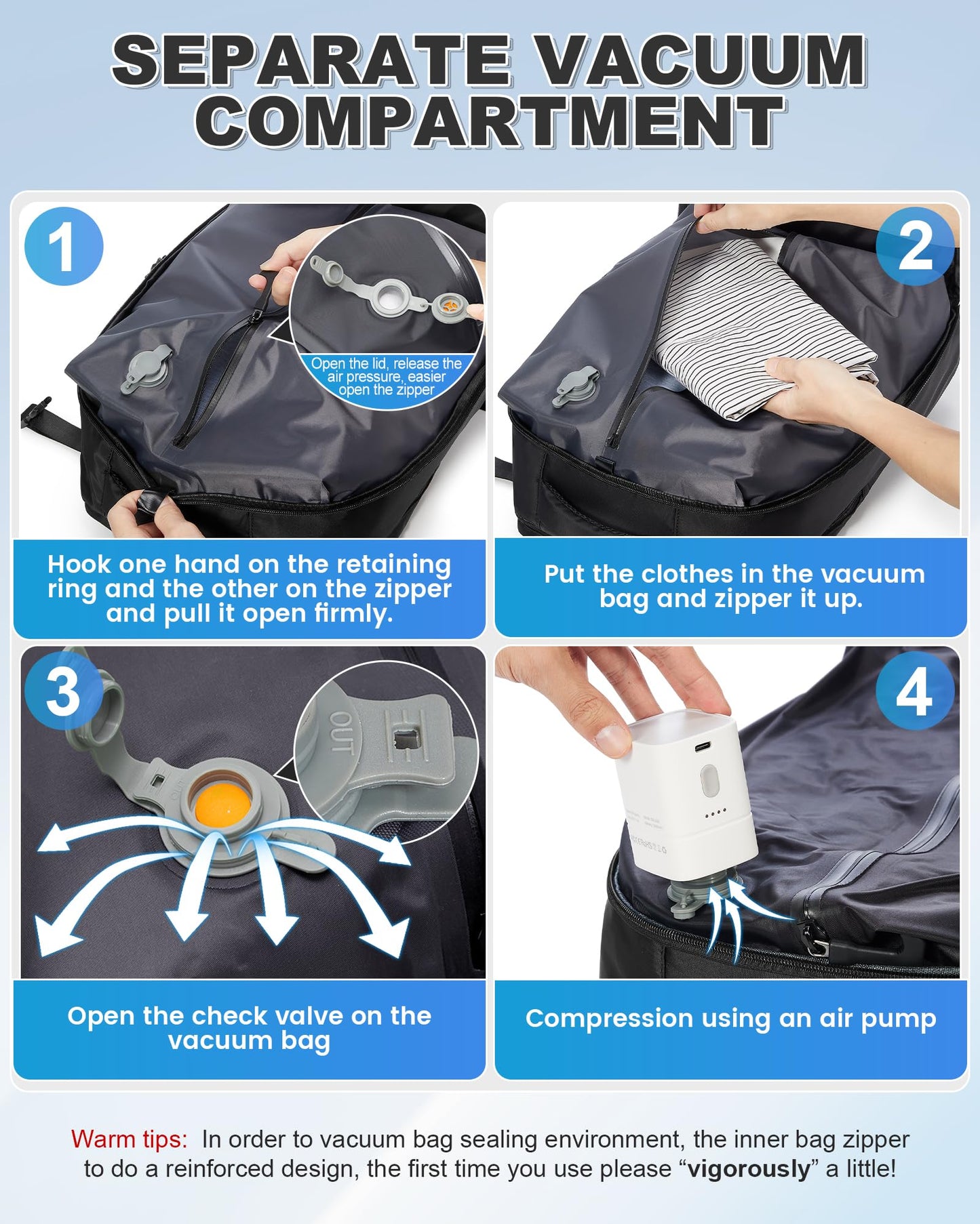 VGCUB Vacuum Backpack Travel with Pump Vacpack System Storage Carry on Work Laptop Business Waterproof College Compression Personal Item Daypack Backpacks for Women Men Black