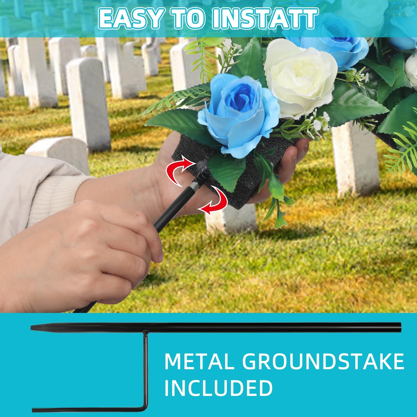Hibsotco Artificial Cemetery Flowers,Set of 2 Faux Floral Cross,Artificial Rose Bouquet Decoration for Cemetery Headstones Gravesites,Silk Flowers for Long-Lasting Remembrance (Blue)