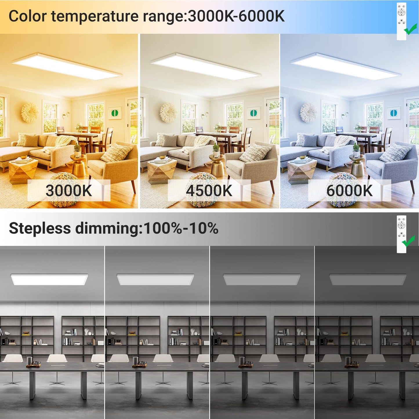 zemty LED Flat Panel Light with Remote 31.4x9.8 Inch, 36W 3800LM 3000K-6000K Color Temperature, Dimmable Flush Mount Ceiling Light Fixture for Kitchen Bedroom Garage