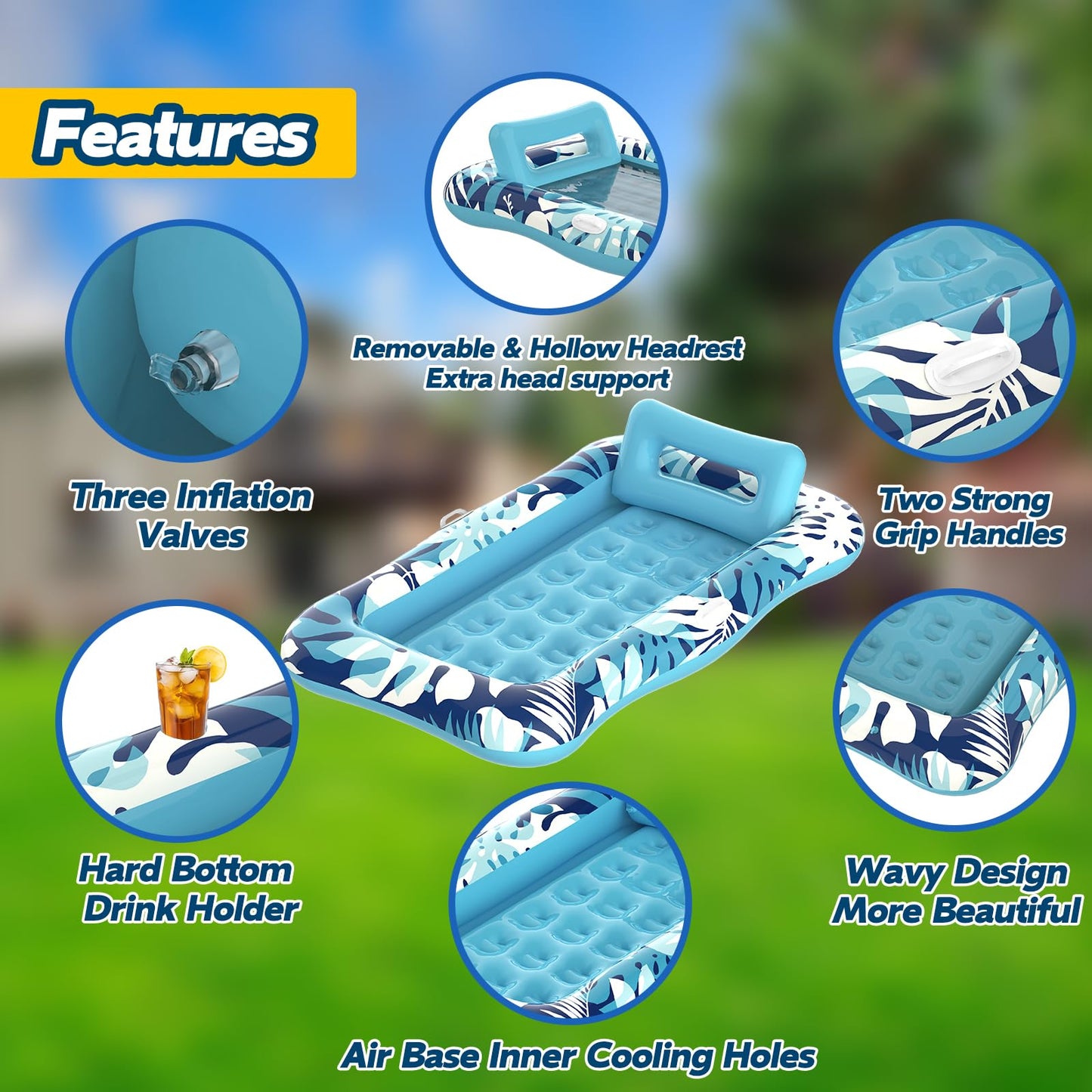 Pool Floats Adult,76" x 48" Inflatable Tanning Pool Lounger Float with Pillow,4 in 1 Suntan Tub Sunbathing Raft Floatie Water-Filled Mattress Kids Pool Ball Pit,Perfect for Lake Water Party & Relax