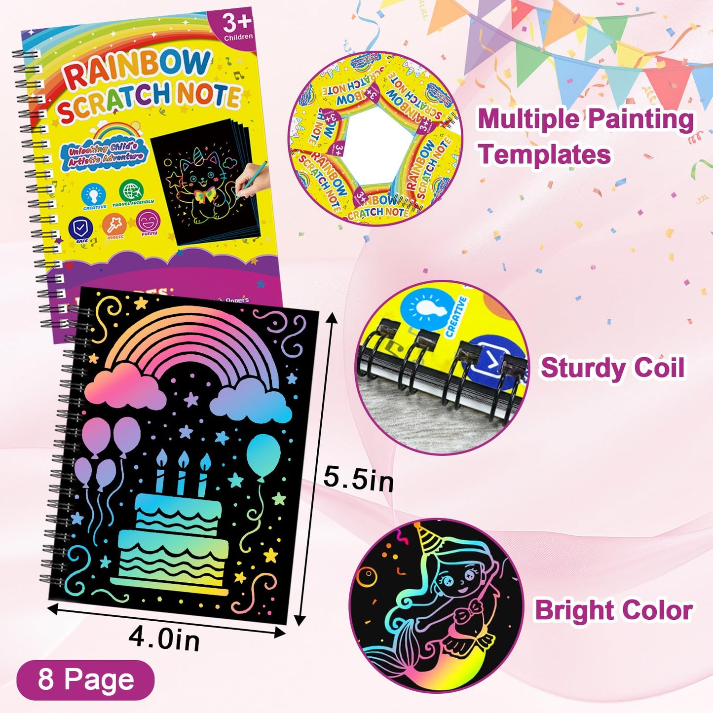 HXDOGSP Scratch Art for Kids: 28 Pack Rainbow Scratch Notebook for 4-8 Years Old Children, Kids Party Accessories, 8 Page
