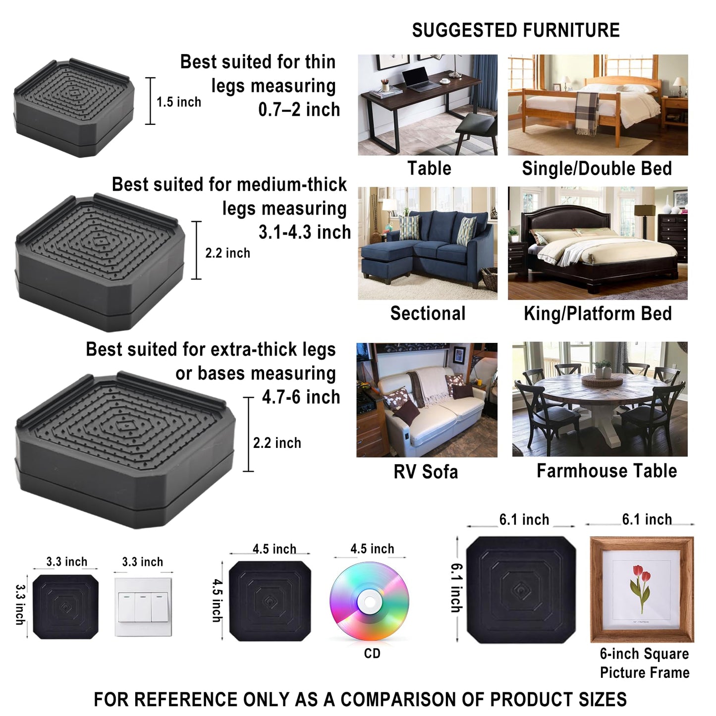 EclatBain Bed Risers Furniture Risers Heavy-Duty Rectangular Adjustable Block 8 Pack Lift to 3 inches and 4.3 inches Desk, Sofa, Chair Legs, Refrigerator, Washing Machine Support up to 4000 pounds