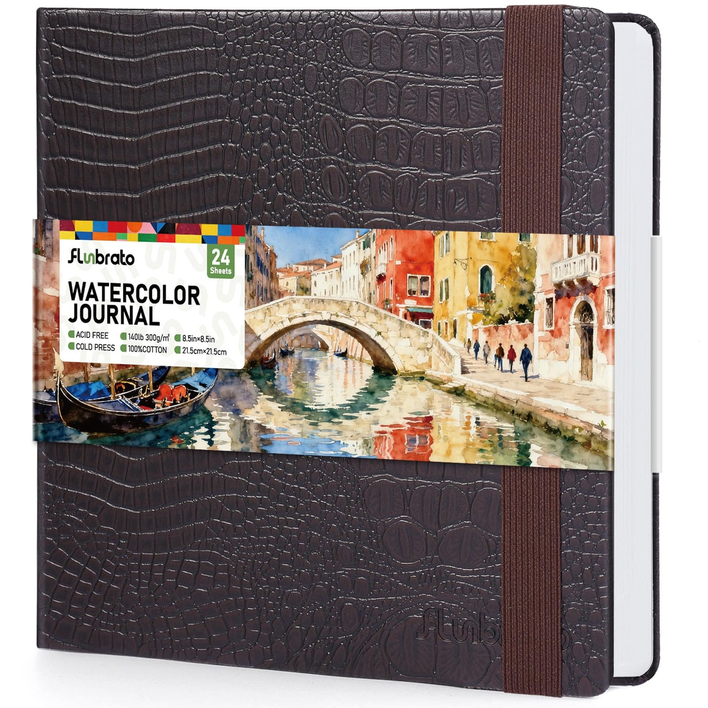 Watercolor Journal 8.5"x8.5"- 100% Cotton, 24 Sheets 48 Pages, 140LB/300GSM Cold Press, with Inner Pocket and Wide Elastic Band - Perfect for Watercolor, Gouache, Acrylic, Ink & Mixed Media