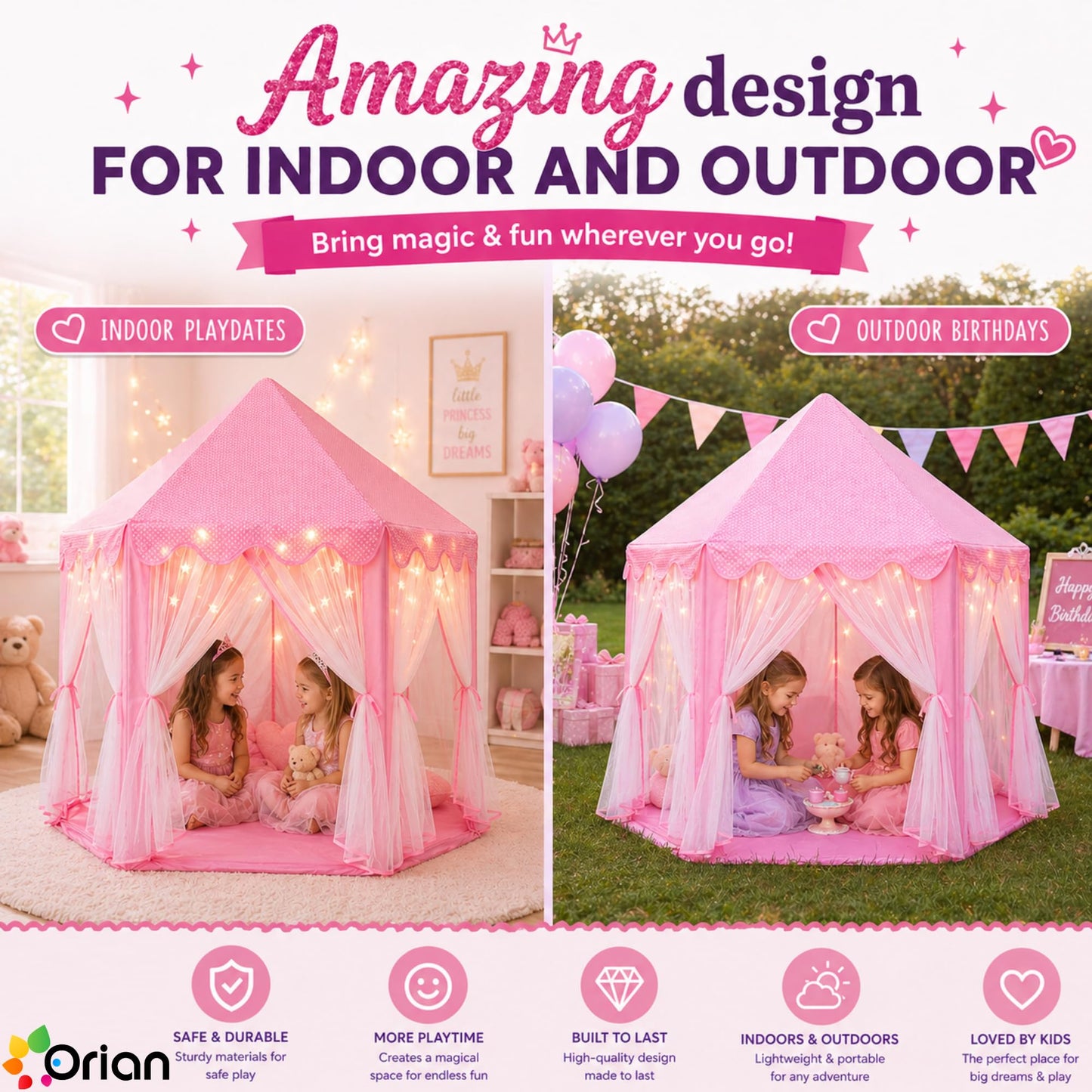 ORIAN Princess Castle Playhouse Tent for Girls with LED Star Lights – Indoor & Outdoor Large Kids Play Tent for Imaginative Games – ASTM Certified, Princess Tent, 230 Polyester Taffeta. Pink 55"x53".