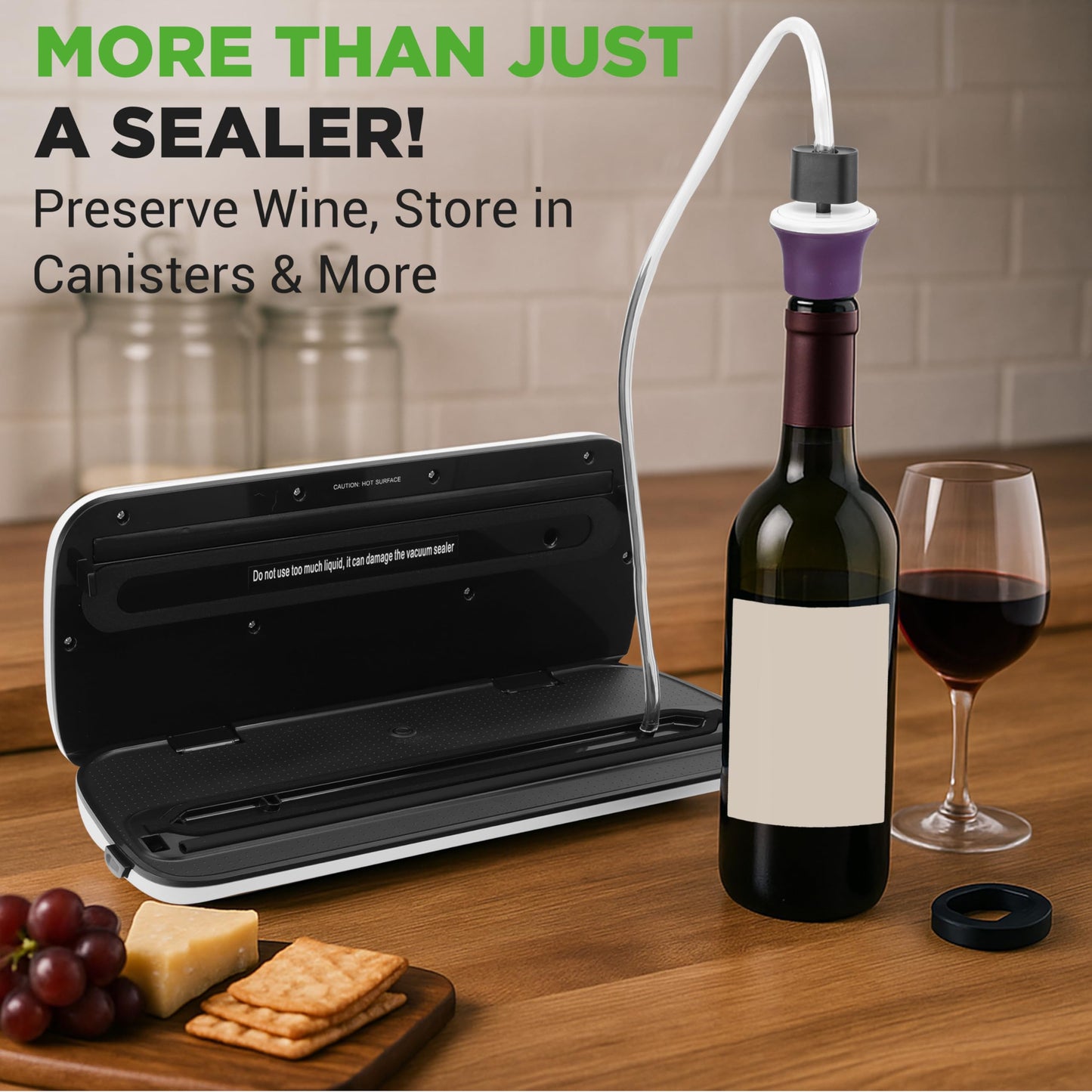 NutriChef Automatic Food Vacuum Sealer, Electric Air Sealing Preserver System for Dry and Moist Foods, LED Control, Strong Suction, Includes Bags, Wine Stopper Cork, and Air Suction Hose, 14"x6"x3"
