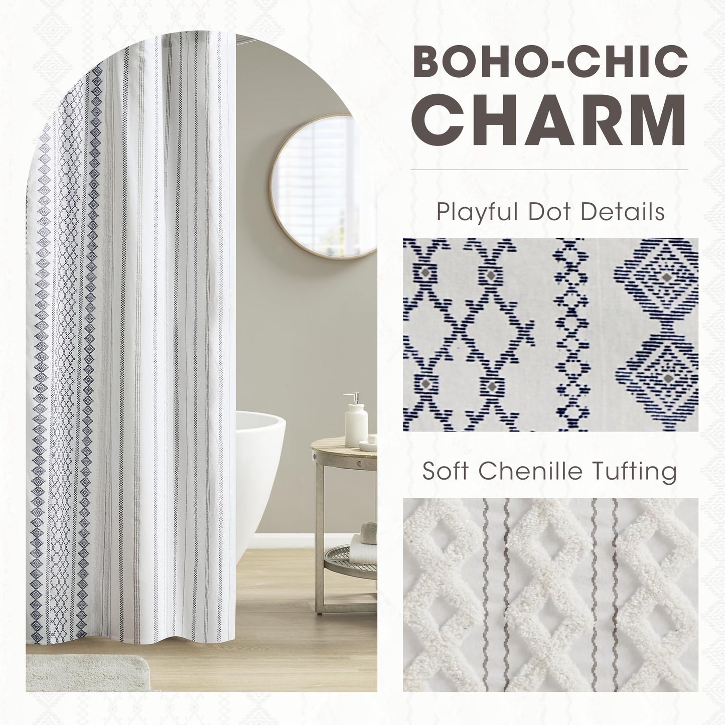 Ink+Ivy Tufted Chenille 100% Cotton Shower Curtains Machine Washable, Modern Home Bathroom Décor Bathtub Privacy Screen, 72" W x 72" L, White/Navy