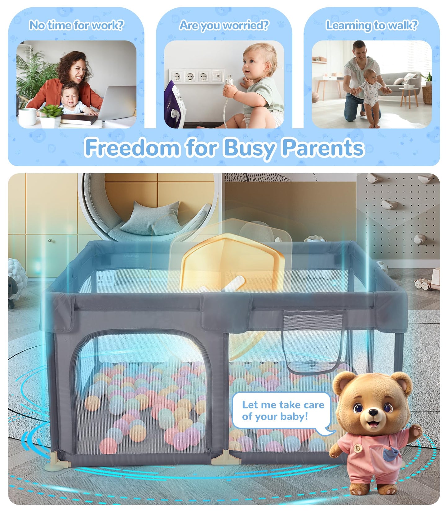 Dripex Baby Playpen, 47"x47" Play Pens for Babies and Toddlers, Safe Anti-Fall Play Yard with Gates, Baby Fence with Breathable Mesh, Indoor & Outdoor Kids Activity Center, Grey