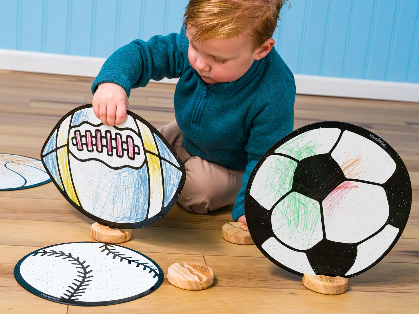 High-Contrast Black & White 3D Sports Set — Builds Baby Vision Books & Cards Can't. Then Toddler Motor Skills for School. Re-Colorable Baseball, Basketball, Football, Soccer Ball + 10 Crayons