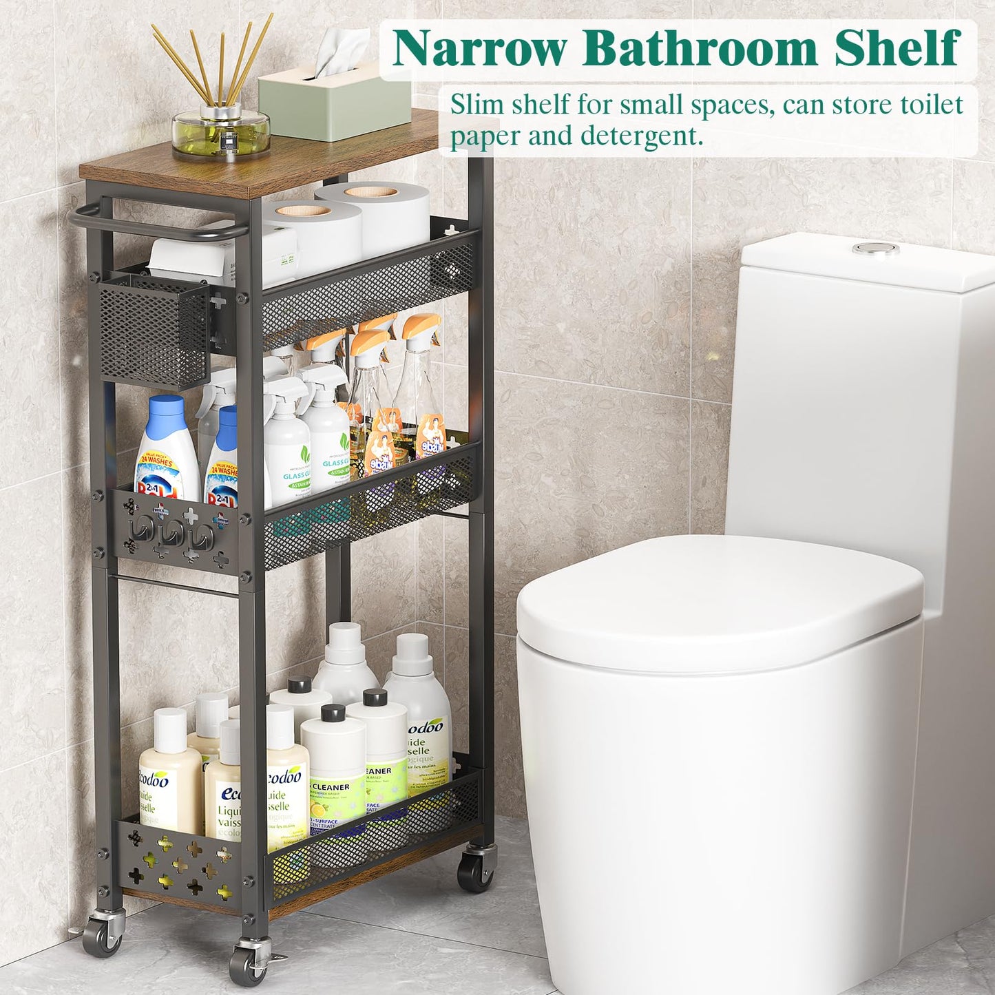XYZLVSI Slim Storage Cart 4 Tier Laundry Cart with Wheels, Narrow Metal Kitchen Rolling Carts Bathroom Organizers Storage Shelf with Wood Rack and Handle for Small Space