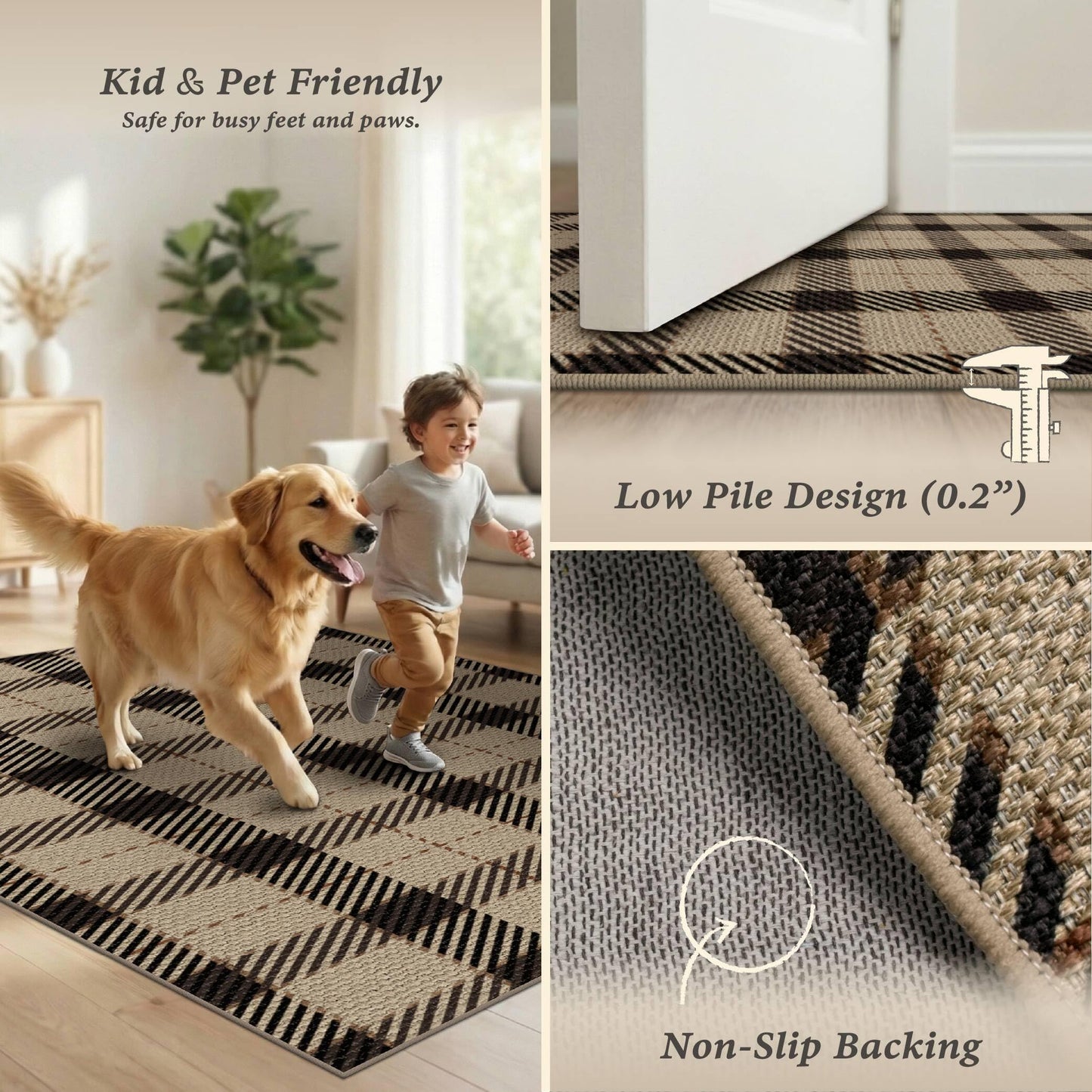 Washable Plaid Indoor Outdoor Rug 3x5 for Front Porch, Entryway, Patio, No Shed Easy Jute Non Slip TPR Backing Area Rug for Large Kitchen, Farmhouse Black & Tan Checkered Seagrass Aesthetic