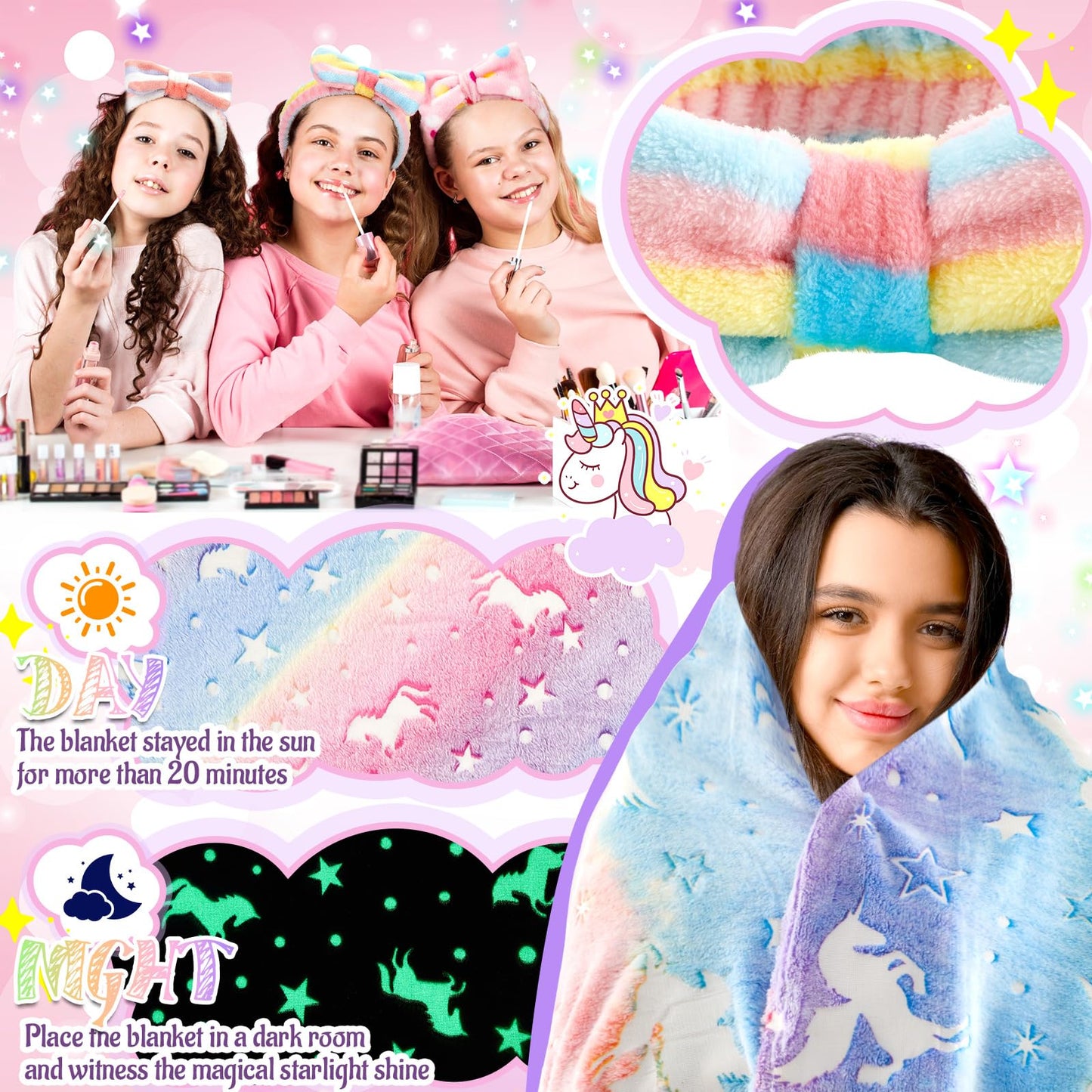 Fanfanwin 18 Pcs Sleepover Party Supplies for Girls, 6 Glow in The Dark Pink Blanket 6 Coral Fleece Spa Headband 6 Plush Eye Mask Covers for Sleeping Slumber Sleepover Spa Party Gift(Cute)
