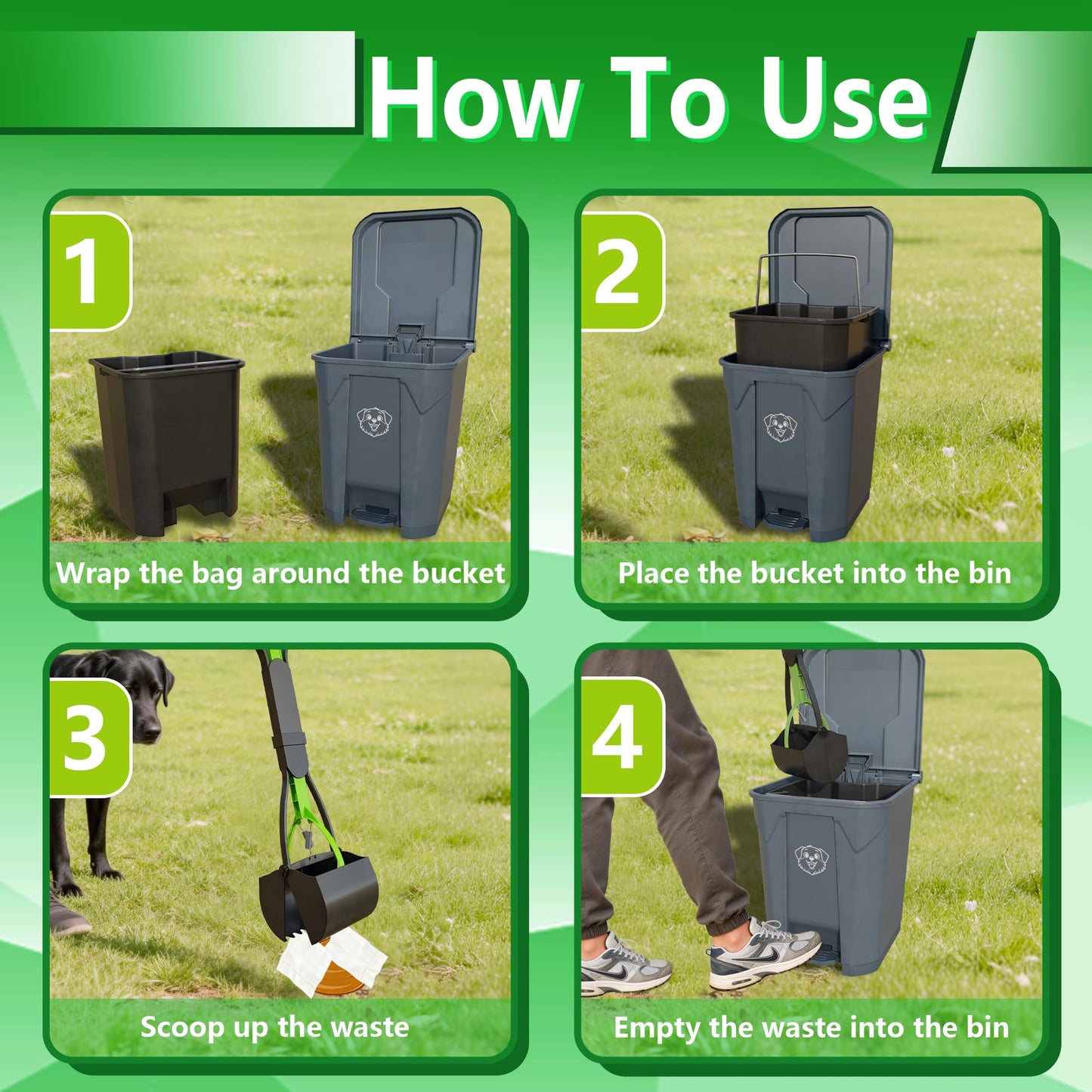 LNYBJS Outdoors Pet Waste Station 20L/5 Gallon Dog Poop Trash Can with Lid – Foot Pedal, Removable Inner Bin,Includes 200 Bonus Waste Bags & Long Handle Green Pooper Scooper