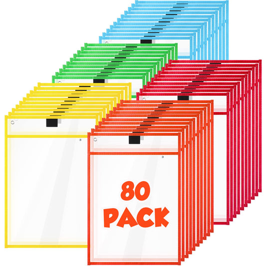 80 Packs Dry Erase Pockets Reusable Plastic Sleeves Dry Erase Ticket Holders Sheet Protectors Job Ticket Folders Teacher Supplies 10 x 14 Inch for Classroom School Office Home Student Teacher Tools