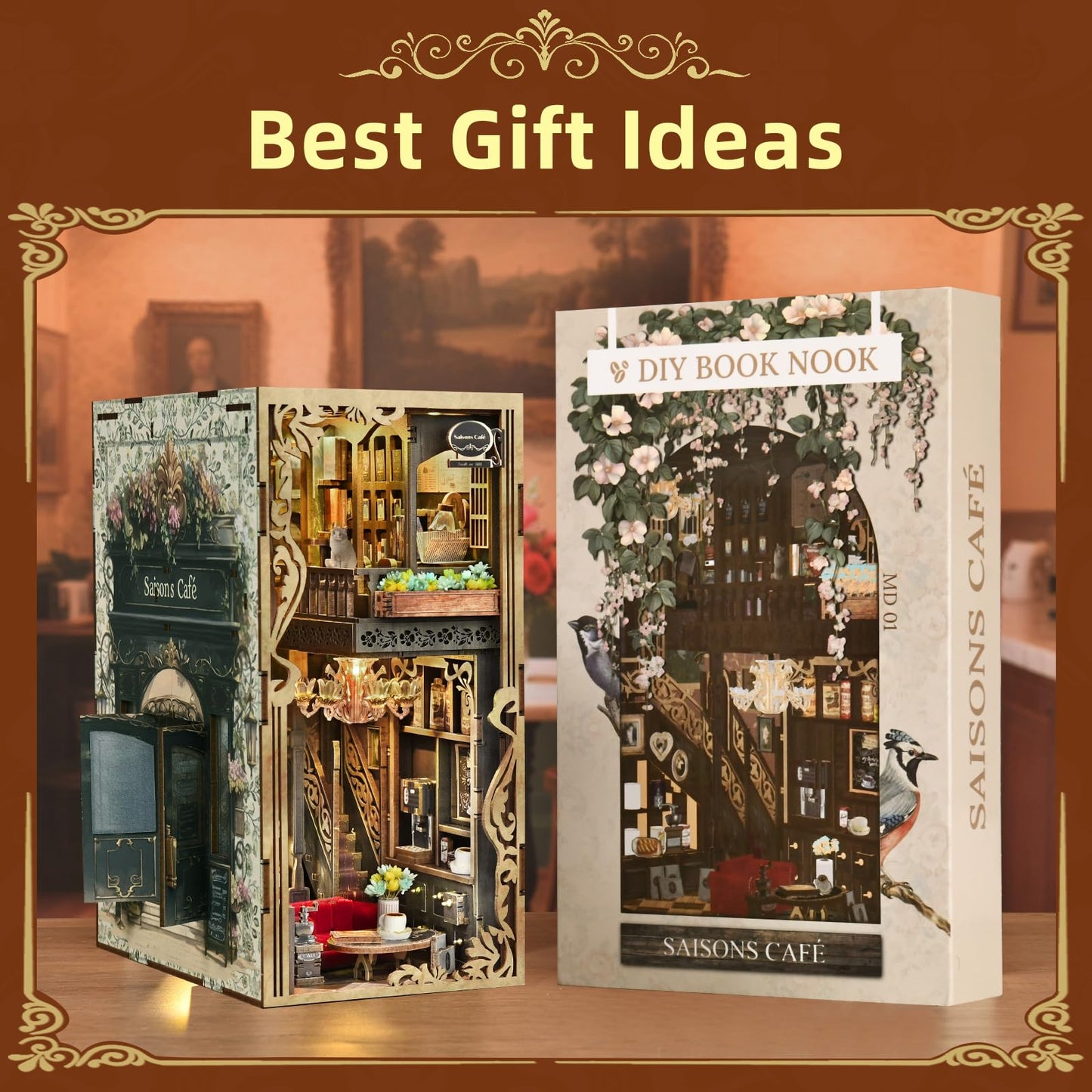 MiniCity Book Nook Kitwith Dust Cover and LED Light, 3D Wooden Puzzle Bookend Bookshelf Insert Decor for Teens and Adults (Saisons Café)