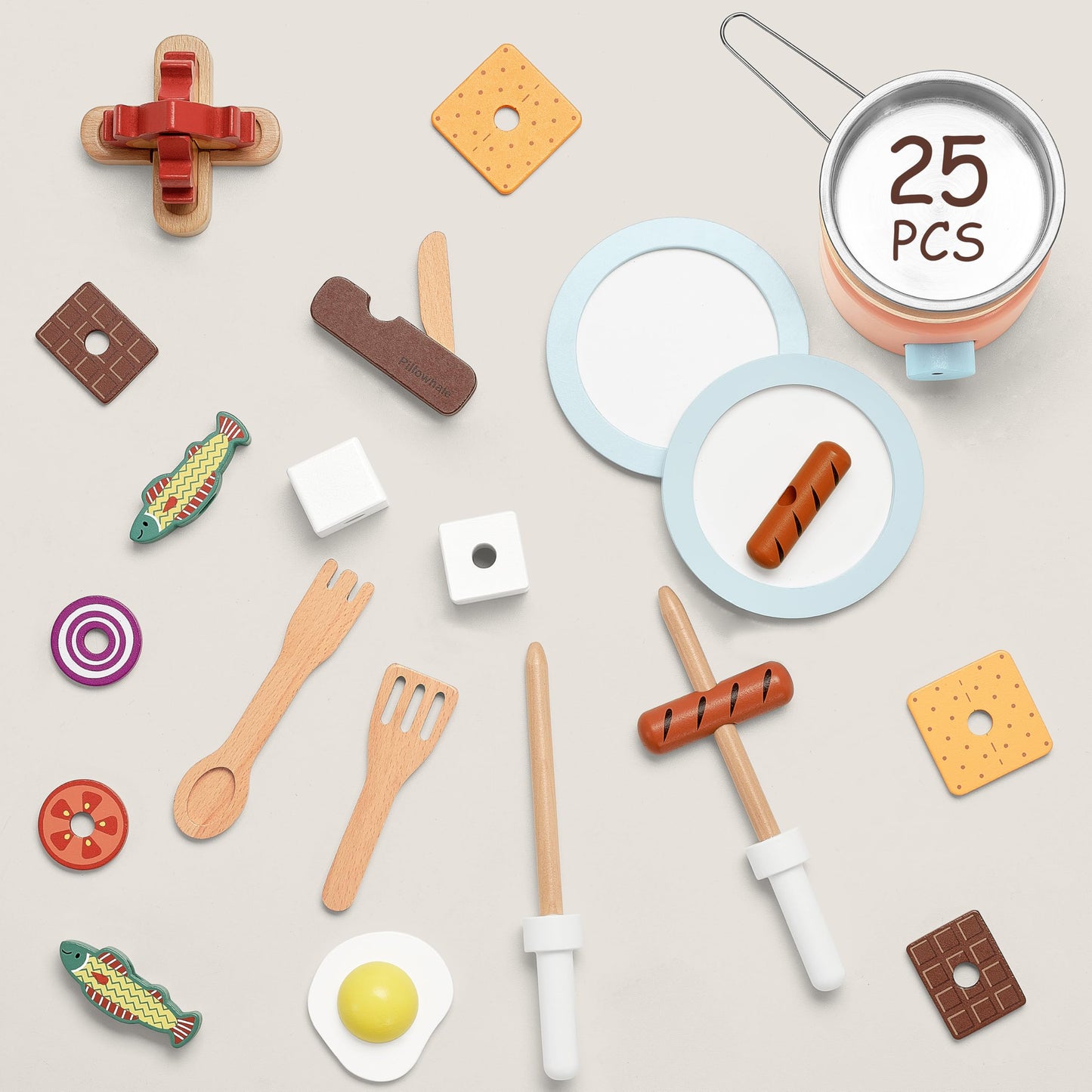Pillowhale Wooden Campfire Playset – 25-Piece Kids S’Mores & Grill Pretend Camping Kitchen Toy, Glow-Look Fire, Skewers, Pan & Food, STEM Screen-Free Outdoor BBQ Gift for Boys & Girls Age 3+