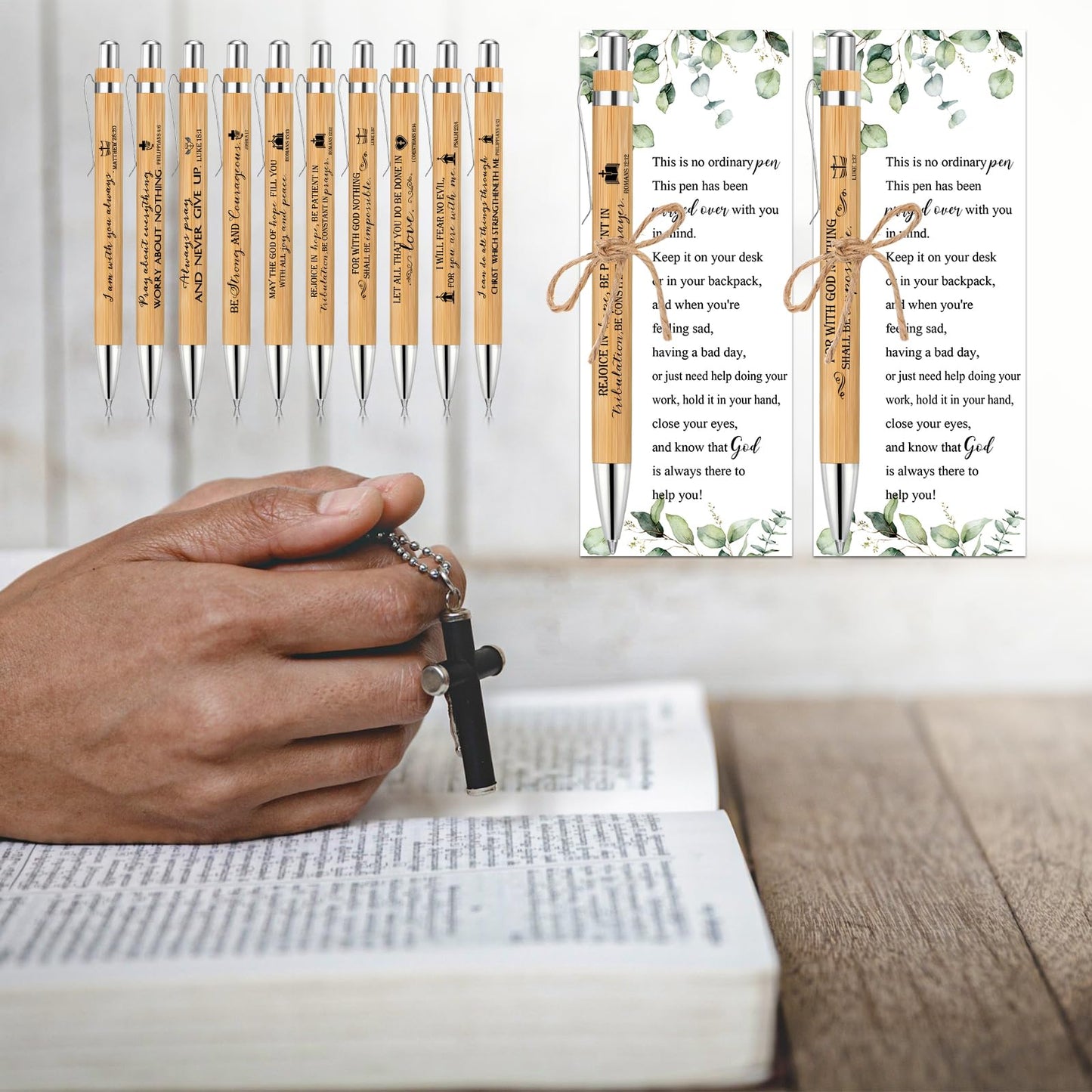 Tenceur 100 Sets July Summer Christmas Christian Gifts Bulk Bible Verse Bamboo Pens and Inspirational Bookmarks Religious Faith Based Sunday School Gifts for Women Men