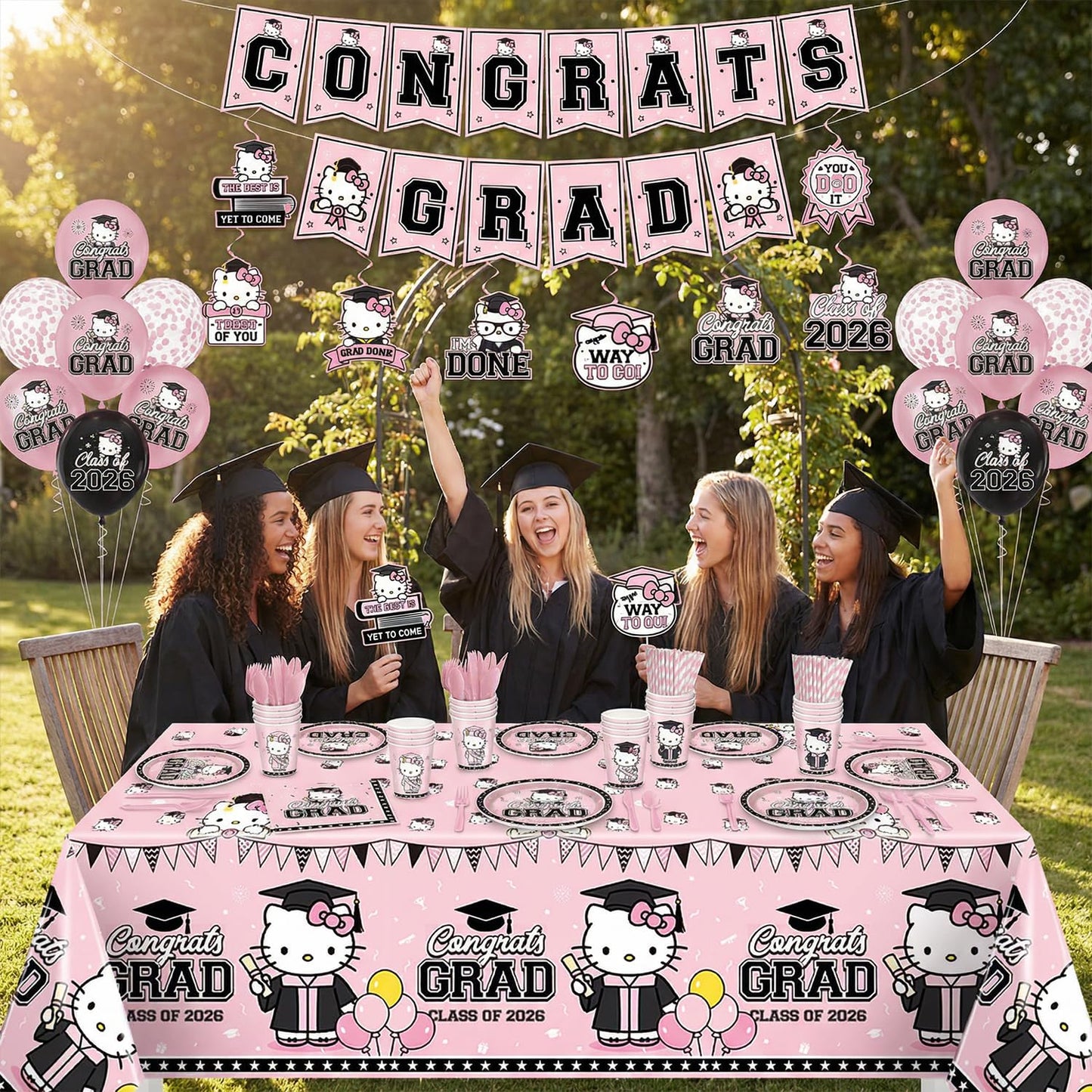 Pink Graduation Decorations, 249Pcs Graduation Party Tableware Supplies with Disposable Plates Napkins Cups Tablecloth and Congrats Grad Banner for Class of 2026 Party Decorations, Serves 24