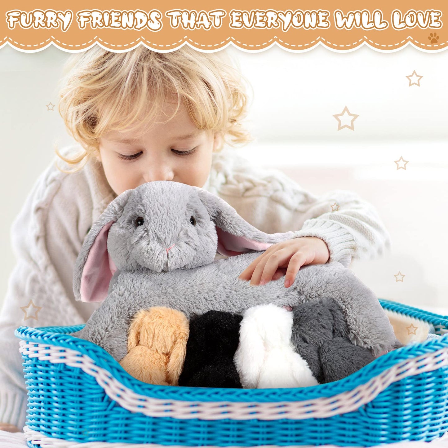 HyDren Nursing Bunny Stuffed Animal Plush Toys 15 Inch Plush Bunny Mommy with 4 Stuffed Magnetic Baby Rabbit Plushies for Kids Birthday Graduation Children's Day Gifts Baby Shower Easter Party Favors