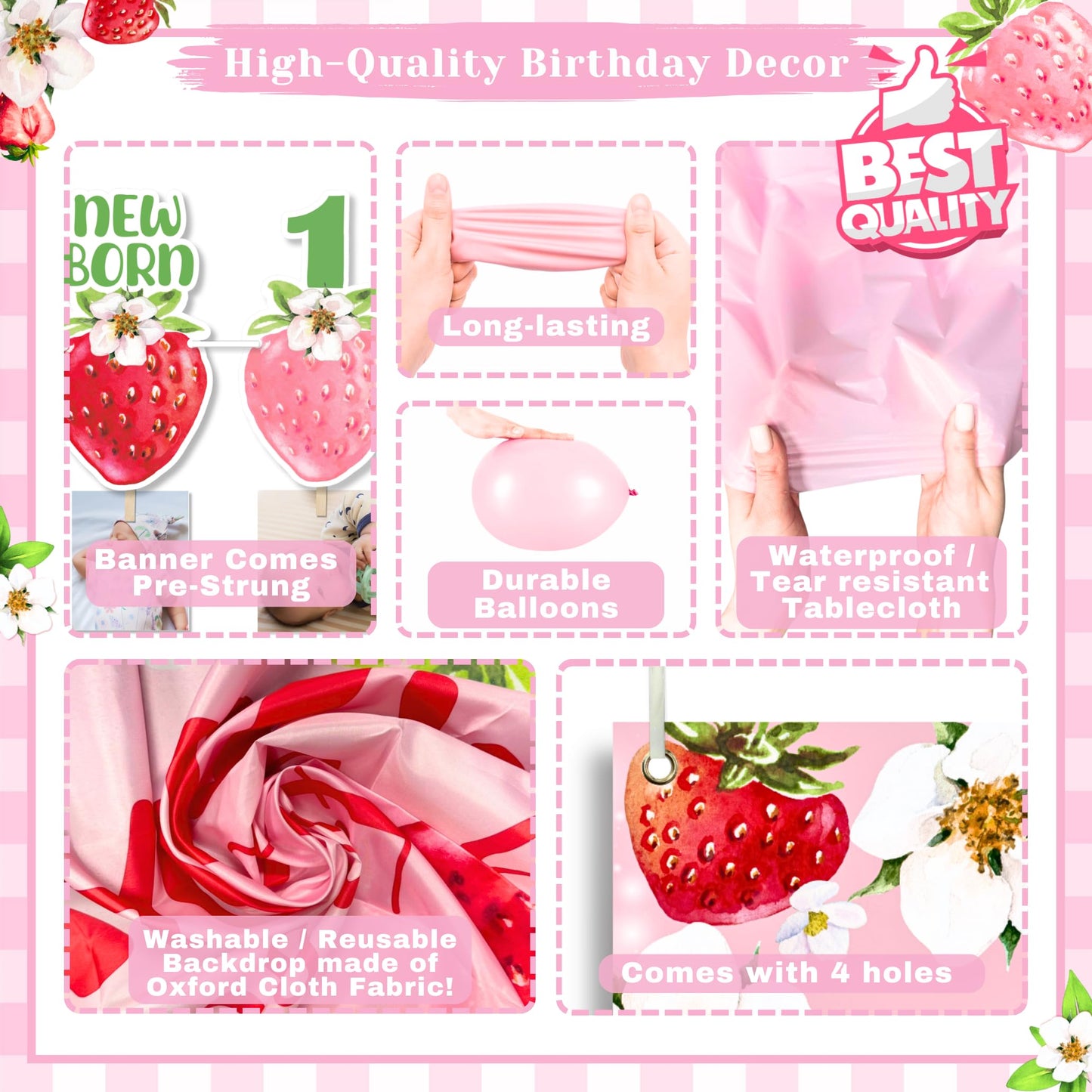 RainMeadow Premium Berry First Birthday Decorations Set - Strawberry 1st Birthday Decorations Girl with Banner, Balloons, High Chair Tutu, Cake Toppers, Milestone Garland & More for Baby Girls