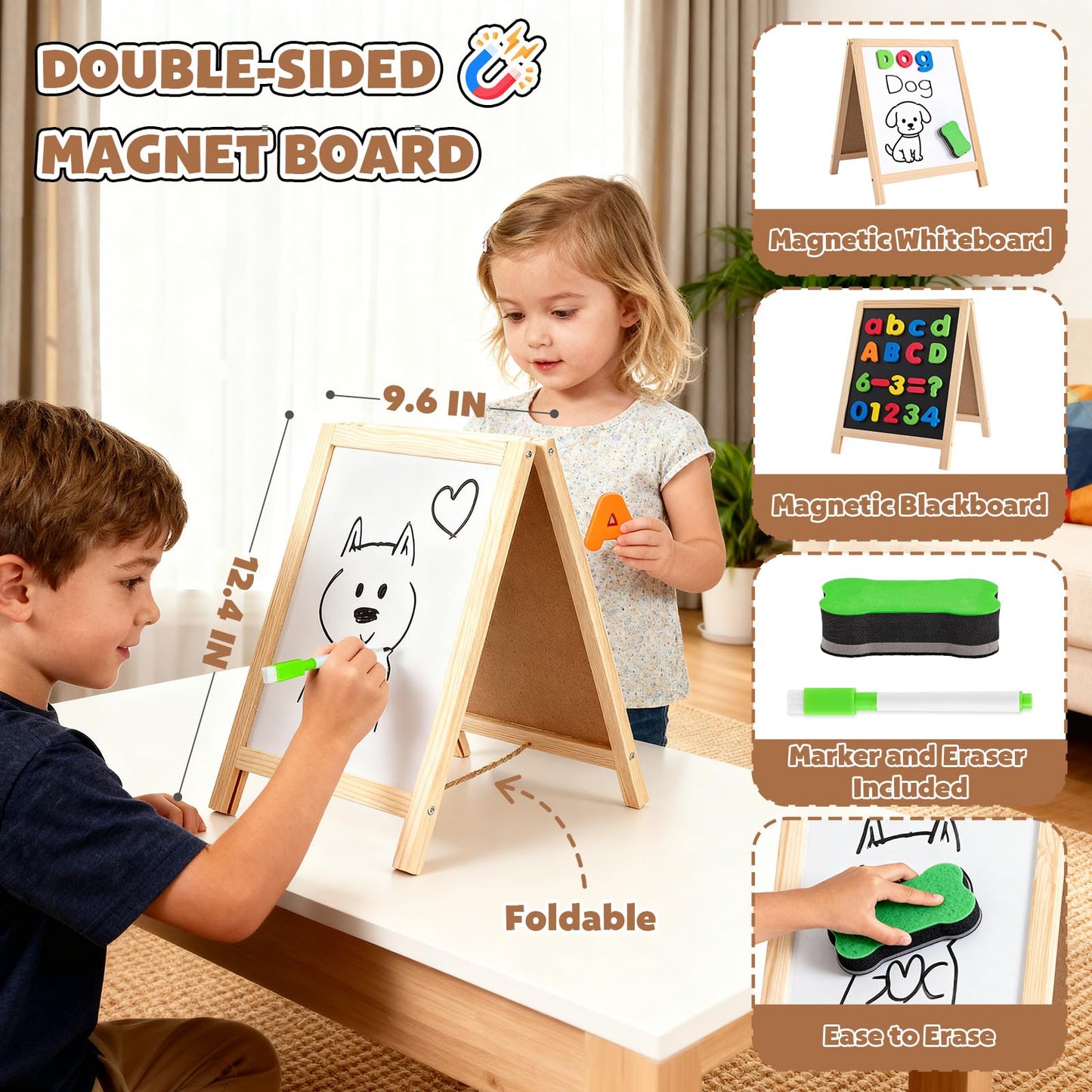 GINMIC Magnetic Letters and Numbers with Easel for Kids/Toddlers, Magnetic Whiteboard & Chalkboard w/Dry Erase Markers, ABC Magnets Alphabet Letters Learning Set, Classroom Home Education Toys