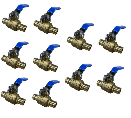 (10-Pack) EZ-Fluid 3/4" Pex Brass Ball Valve Full Port Water Stop Shut Off,LF,Plumbing Fittings on Both End for Pex Tubing,Barb Crimp Ring Type,Quarter Turn