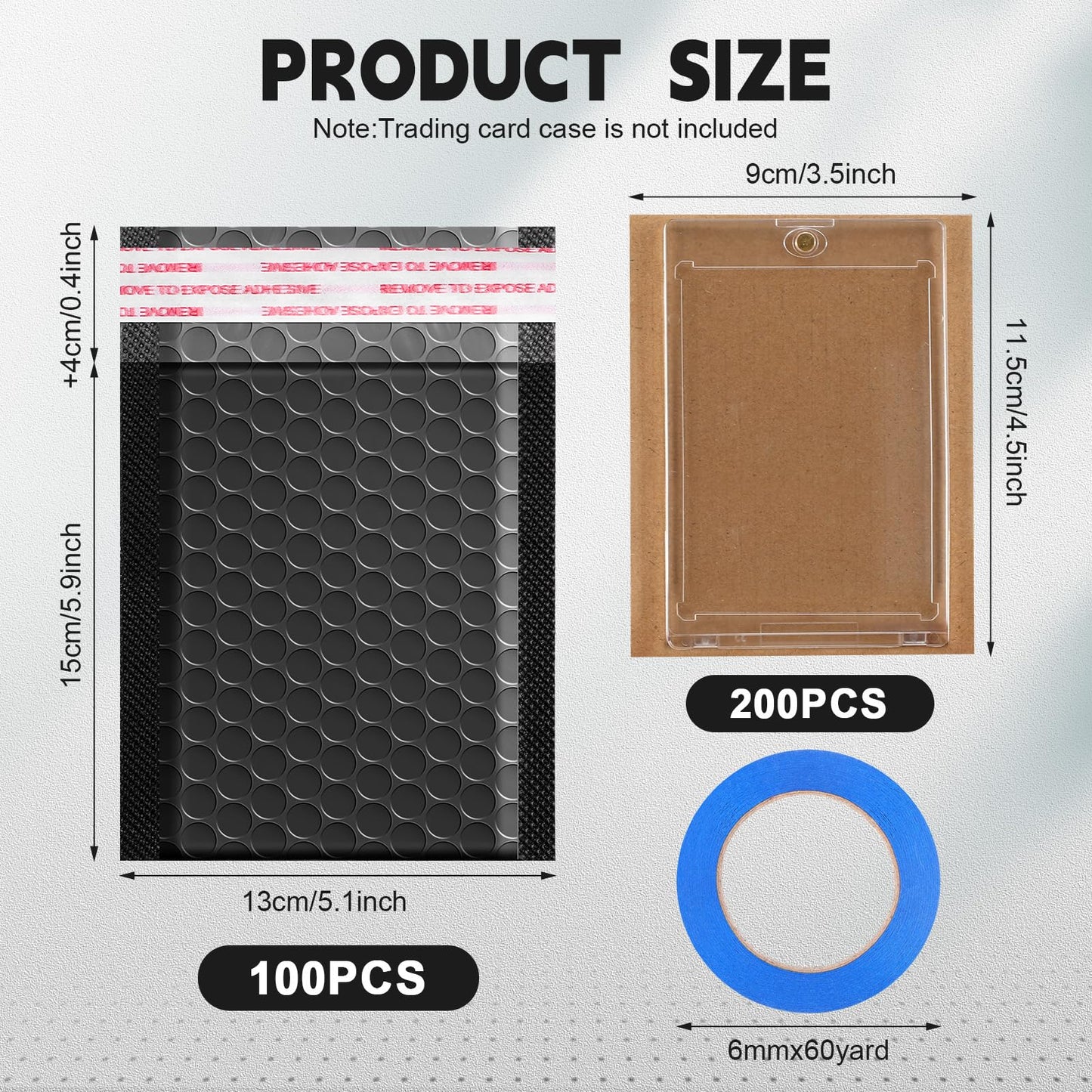 Tatuo 301 Pcs Trading Card Shipping Protector Set Include 200 Corrugated Cardboard Sheets Inserts 100 Poly Bubble Mailers Padded Envelopes and Masking Tape(Black)